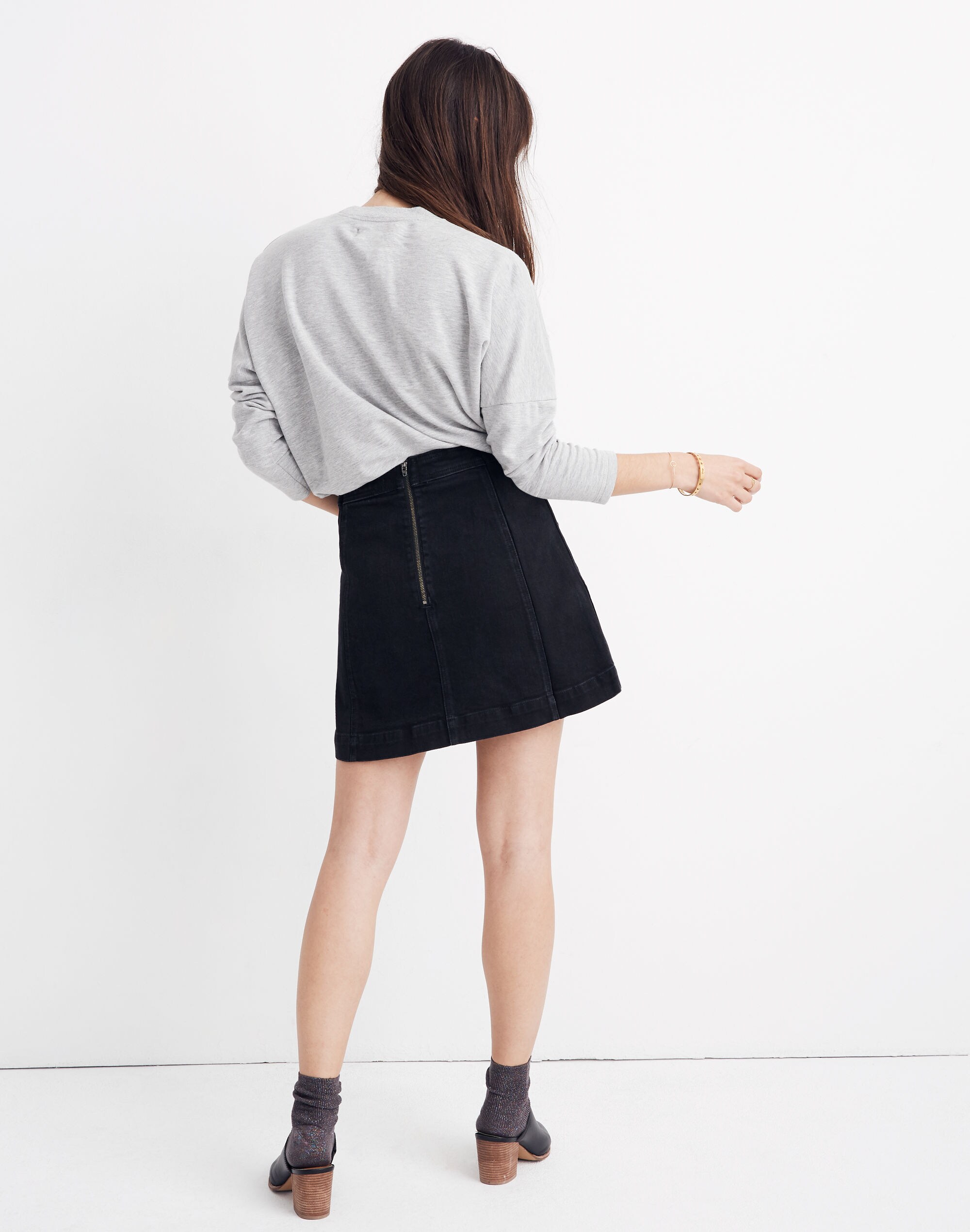 Stretch Denim A-Line Mini Skirt: Star Stud Edition