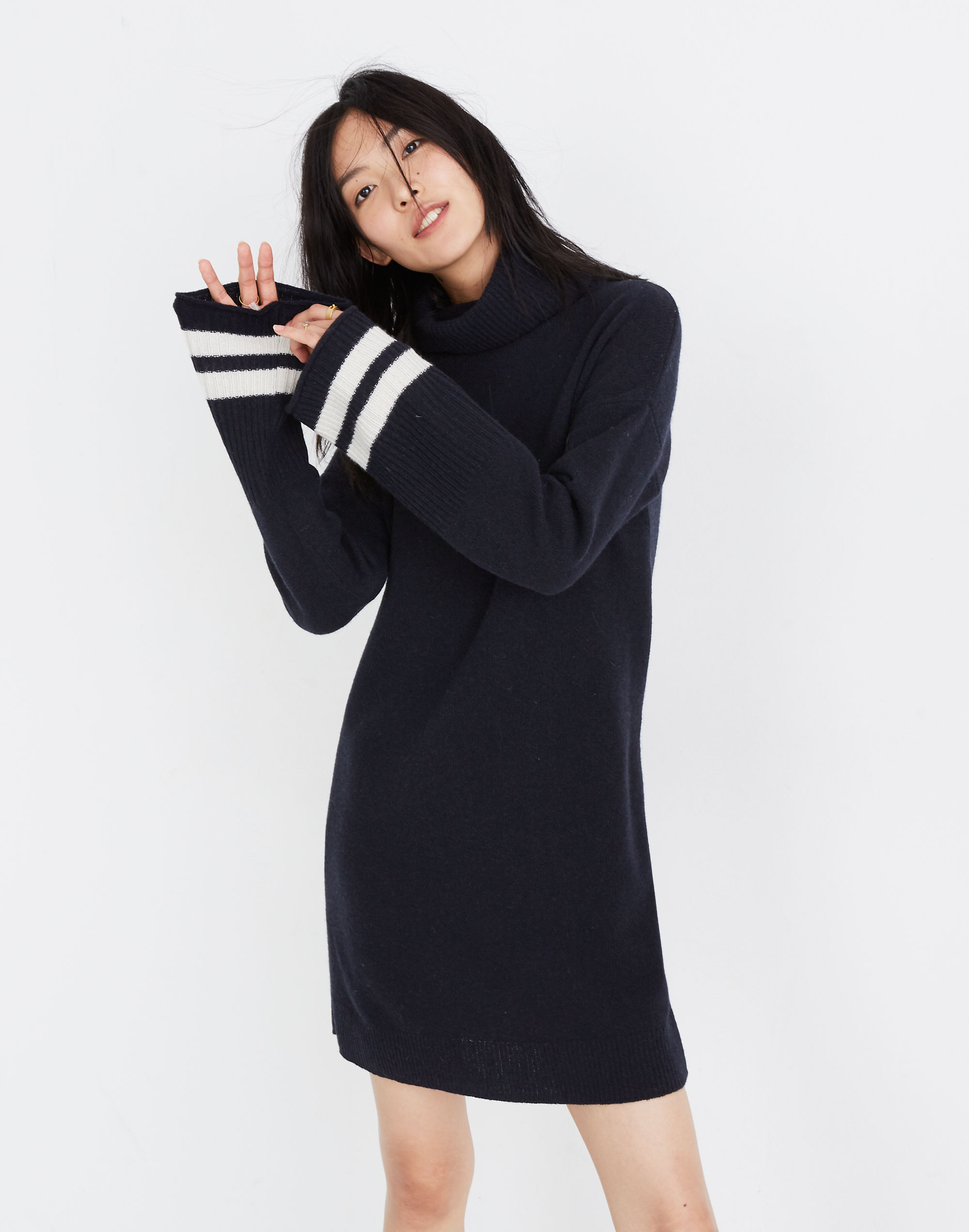Bell-Sleeve Turtleneck Sweater-Dress in Nautical Stripe