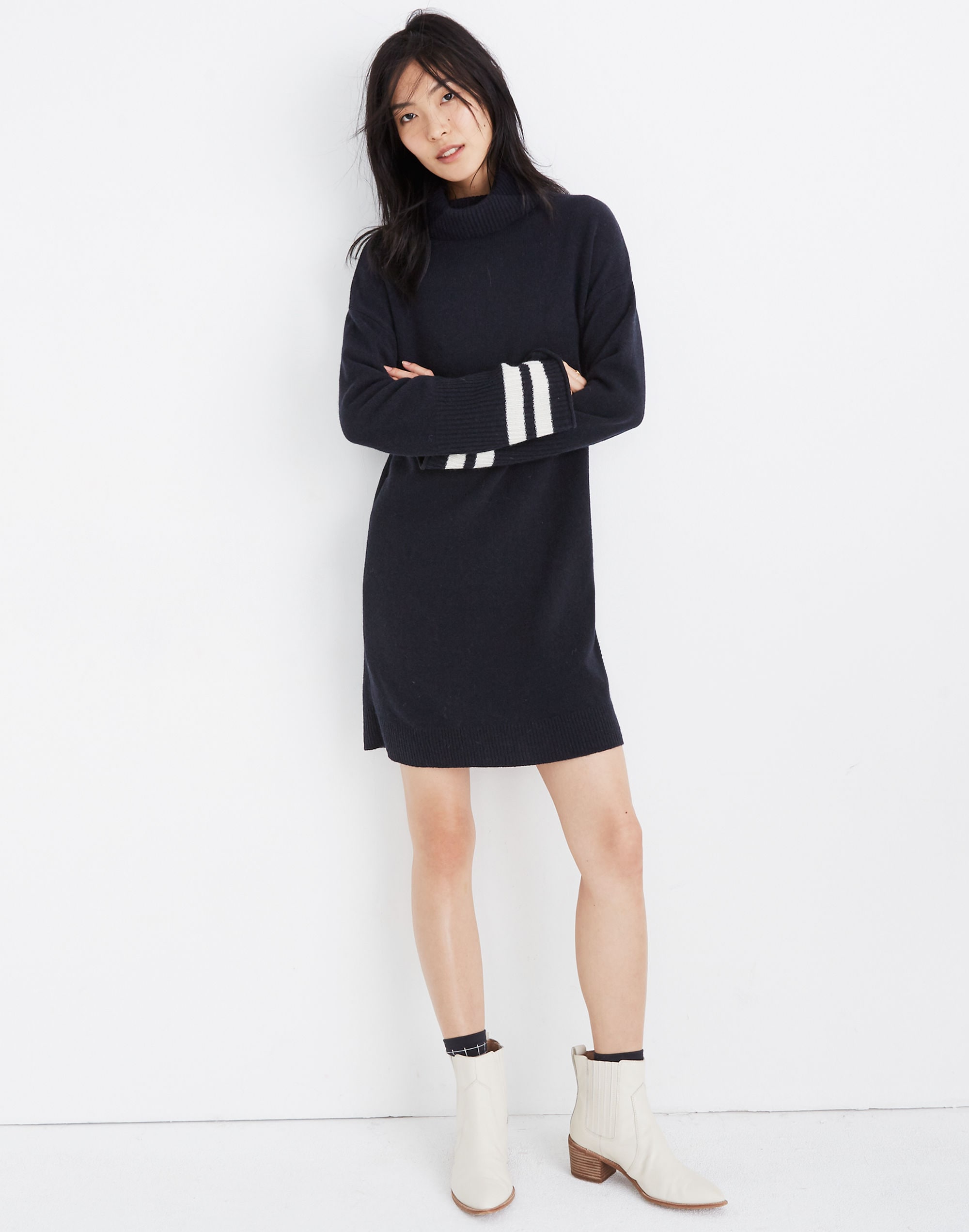 Bell-Sleeve Turtleneck Sweater-Dress in Nautical Stripe