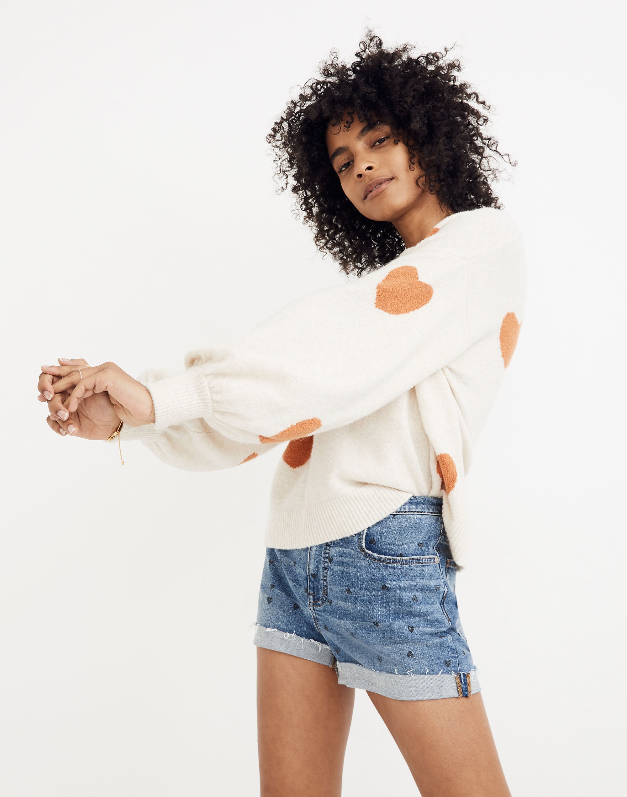 Heart Dot Balloon-Sleeve Pullover Sweater