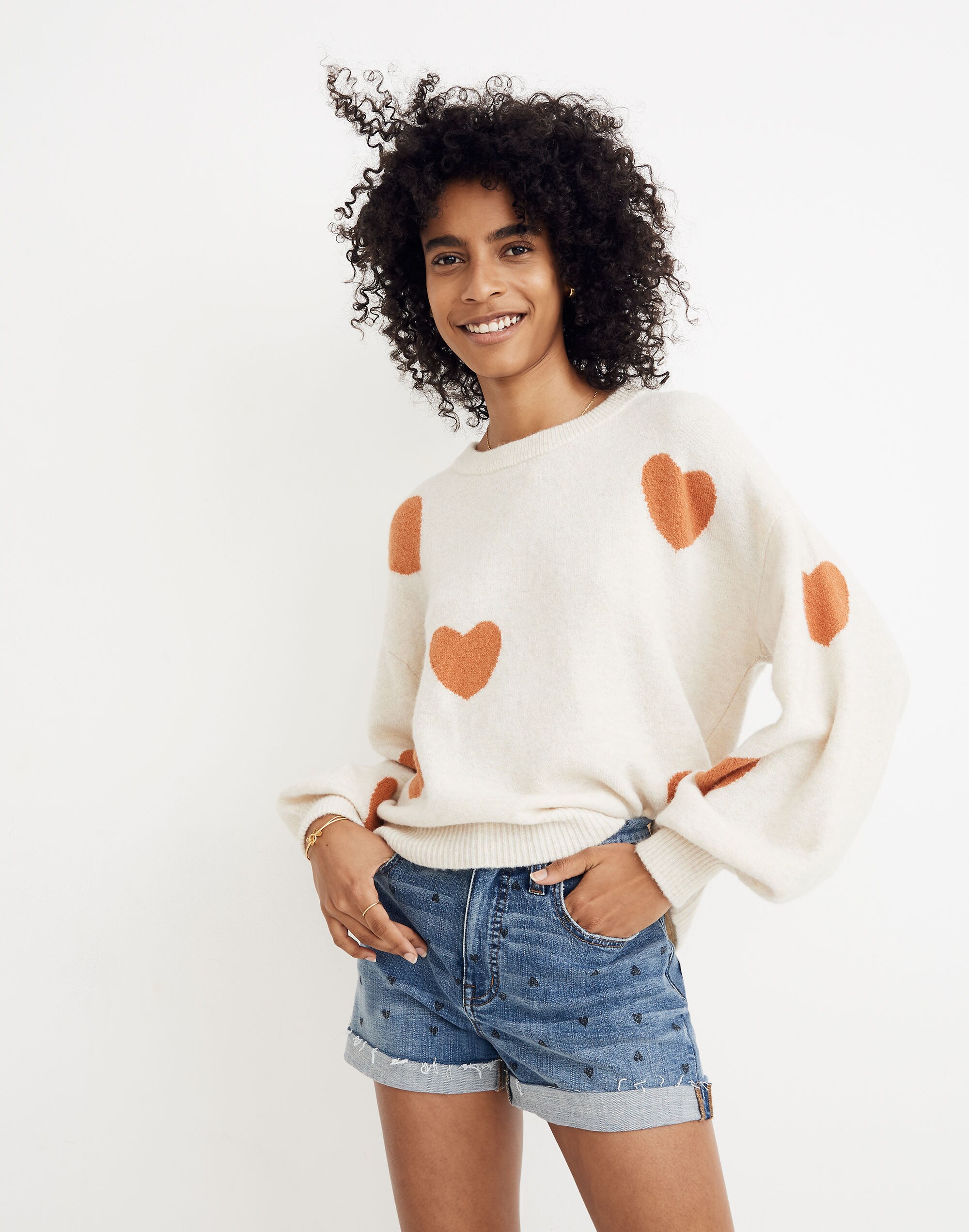 Heart Dot Balloon-Sleeve Pullover Sweater