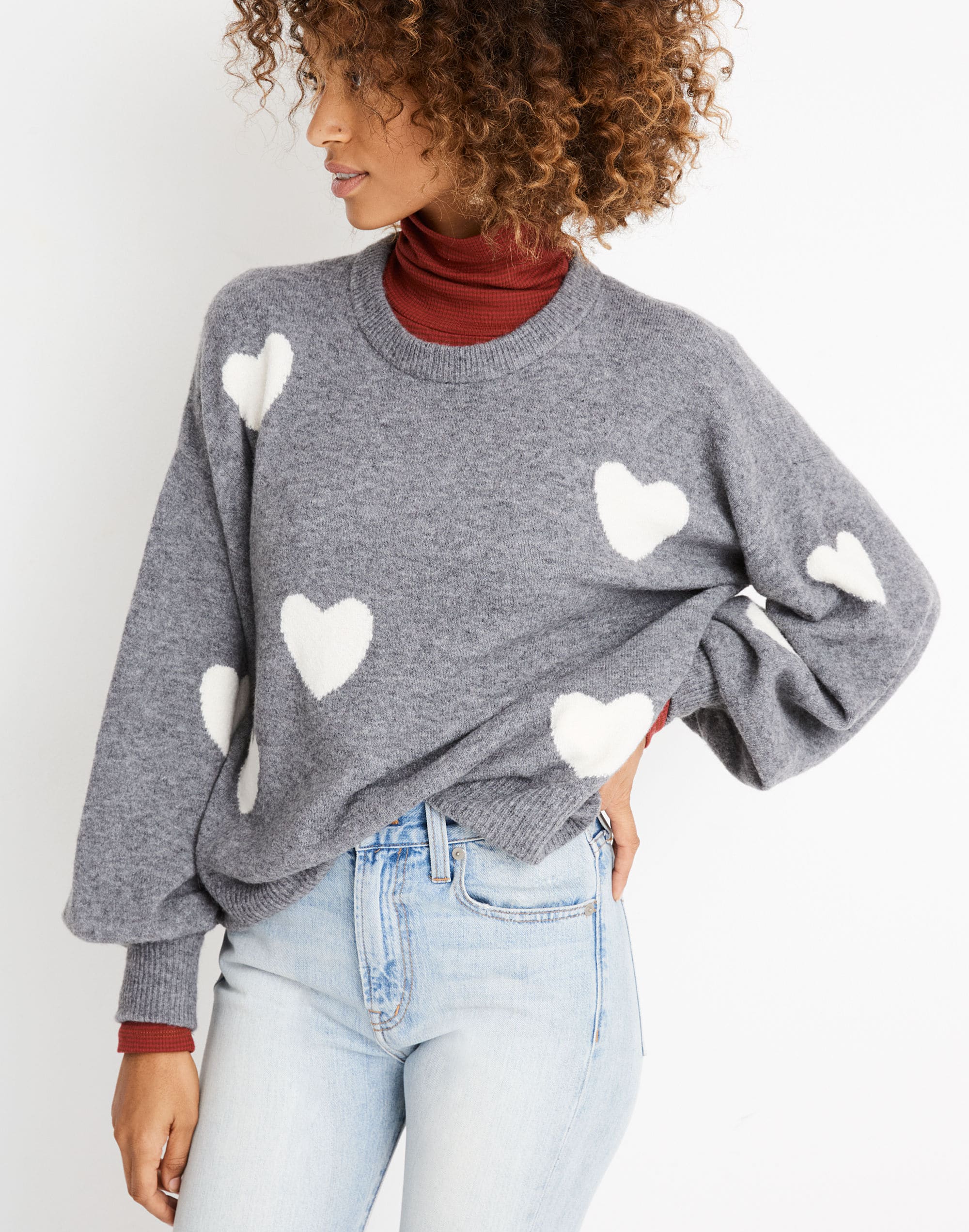 Heart Dot Balloon-Sleeve Pullover Sweater