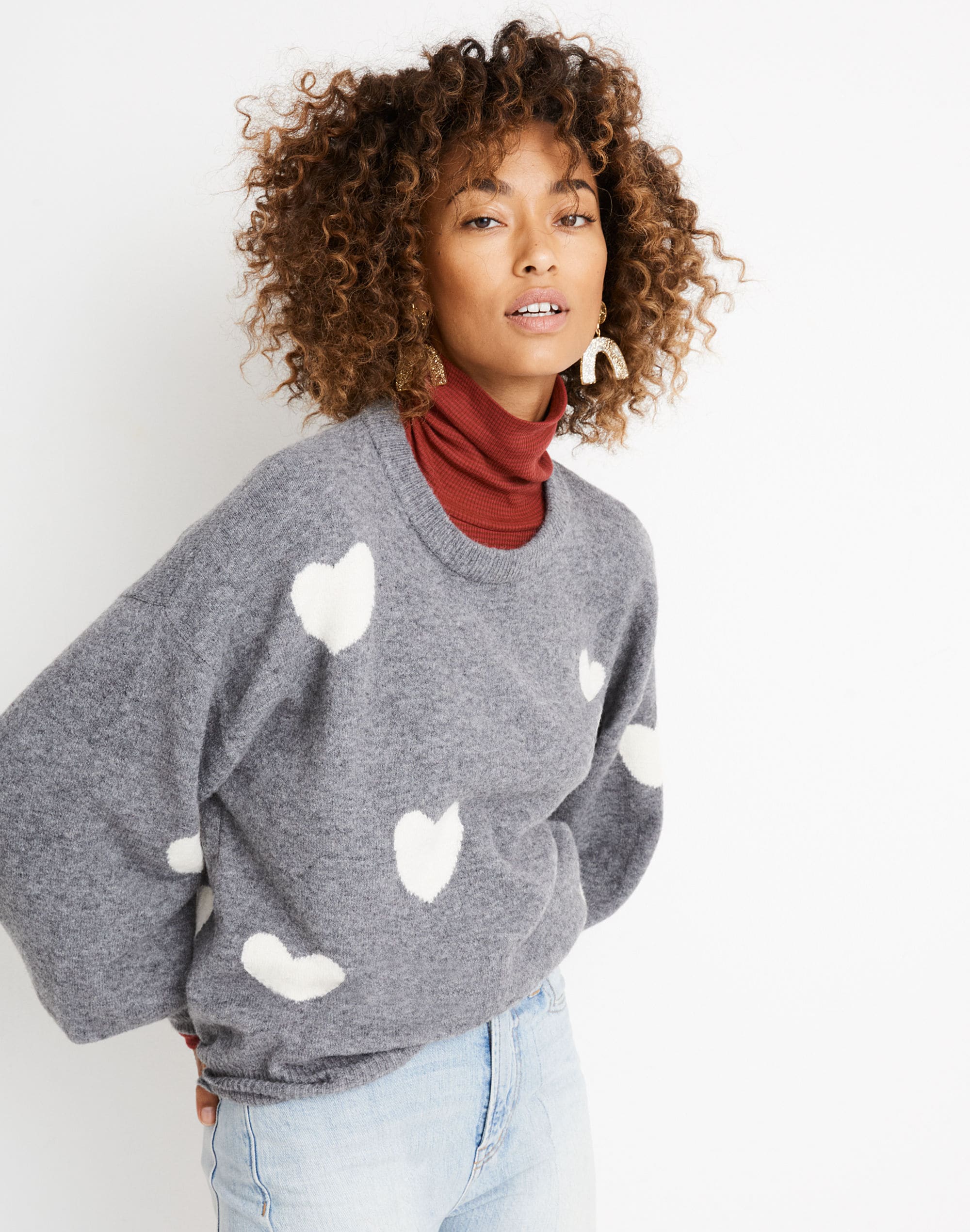 Heart Dot Balloon-Sleeve Pullover Sweater