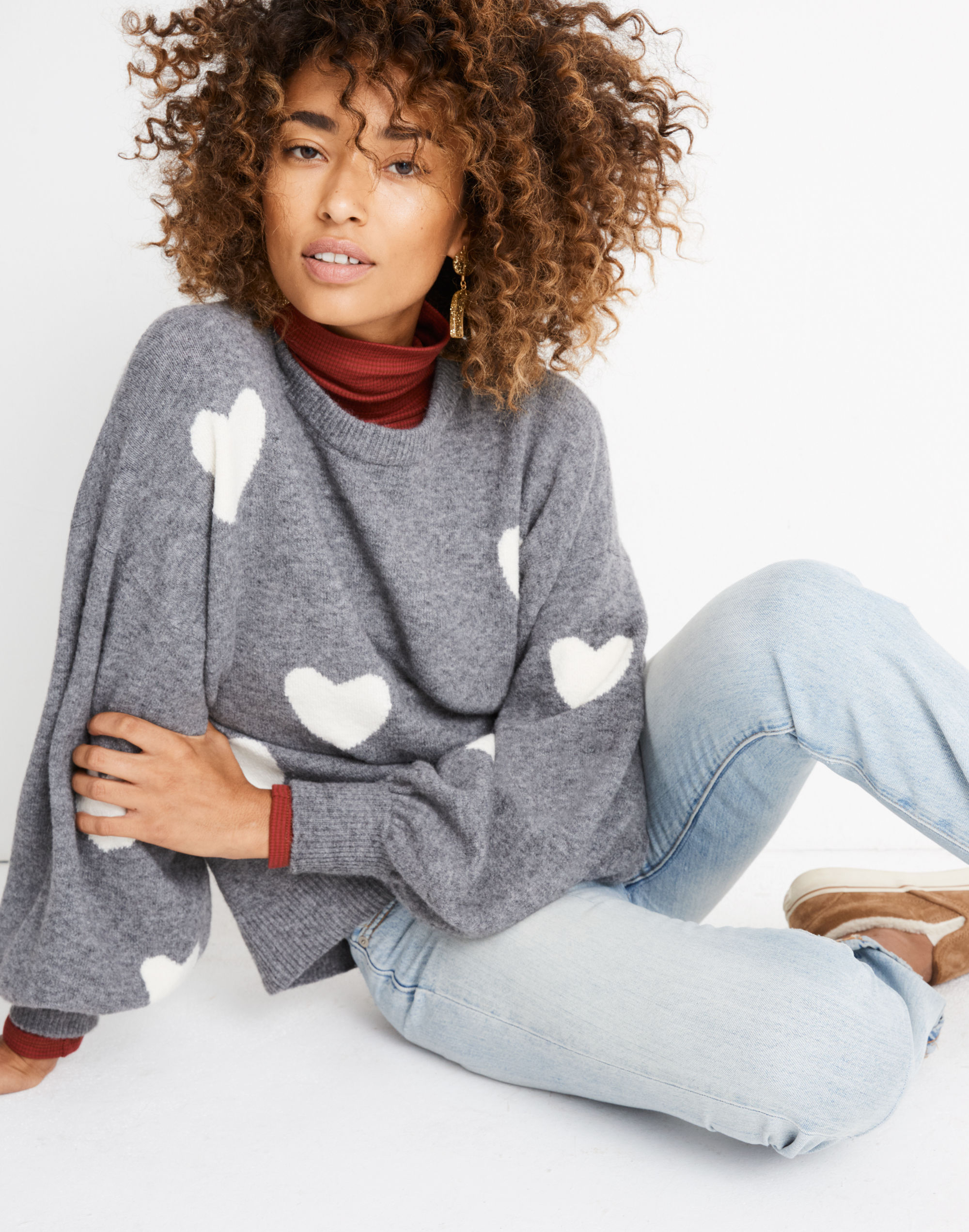 Heart Dot Balloon-Sleeve Pullover Sweater