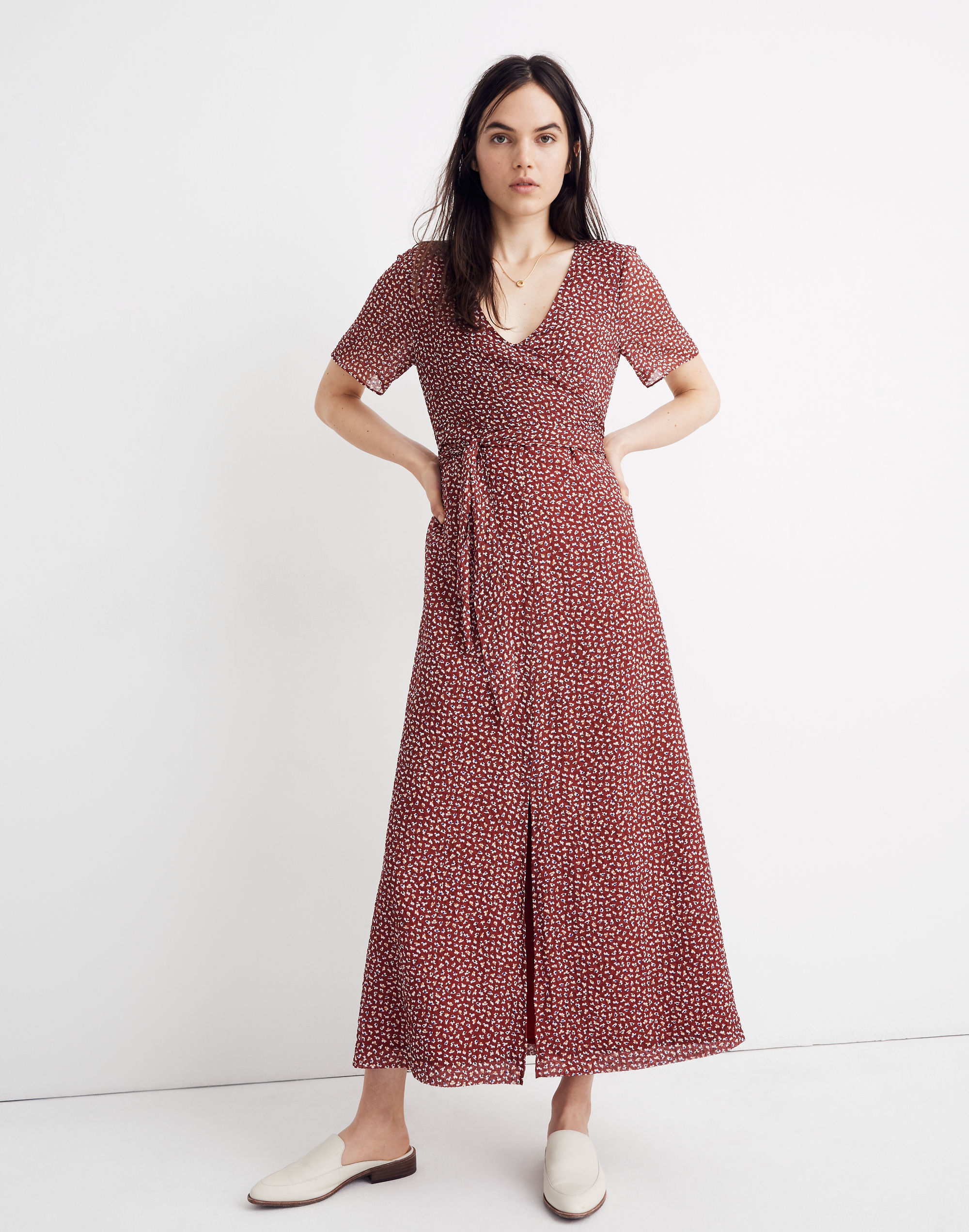 wrap-around maxi dress in ditsy flowers
