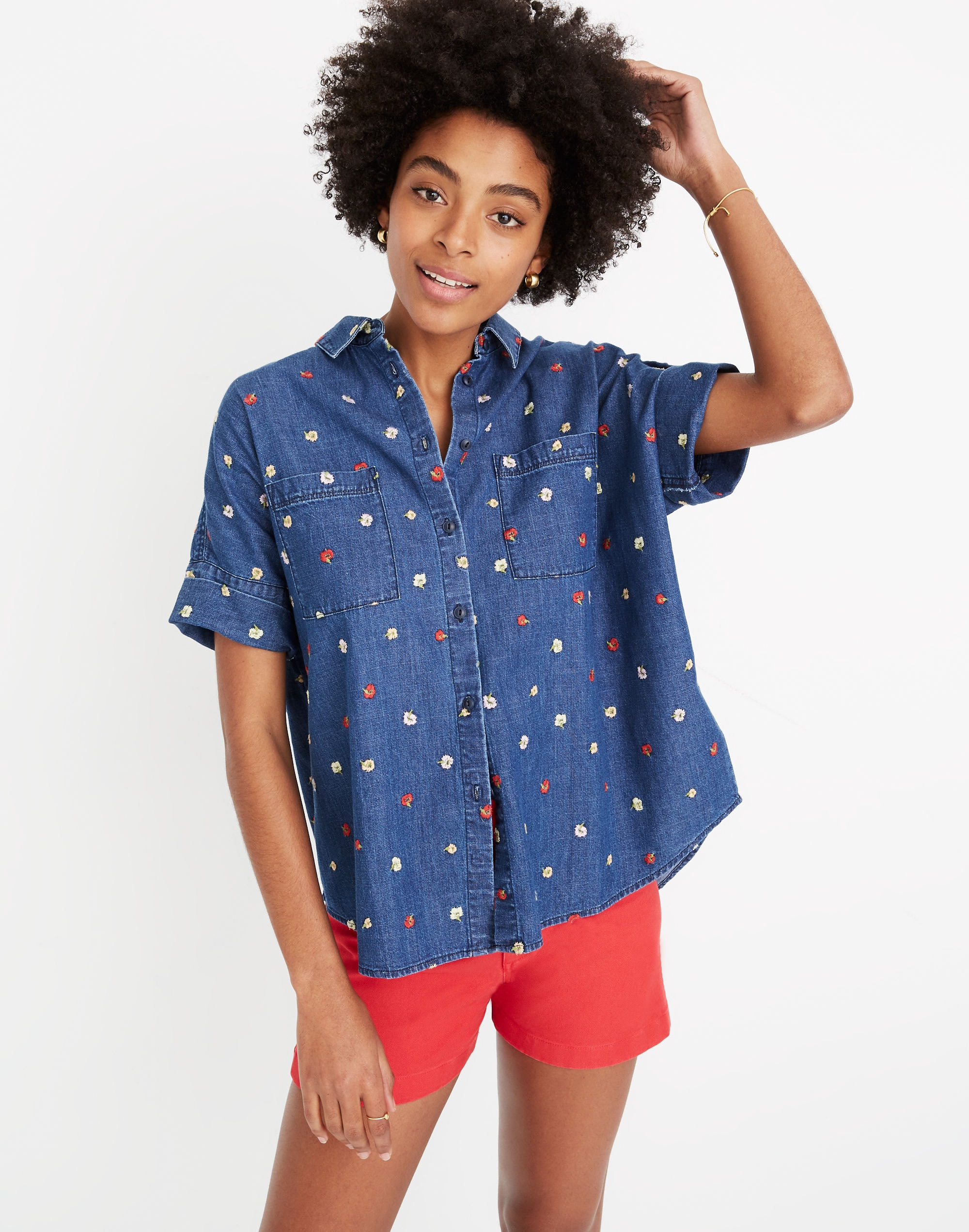 Embroidered Denim Courier Shirt in Confetti Floral
