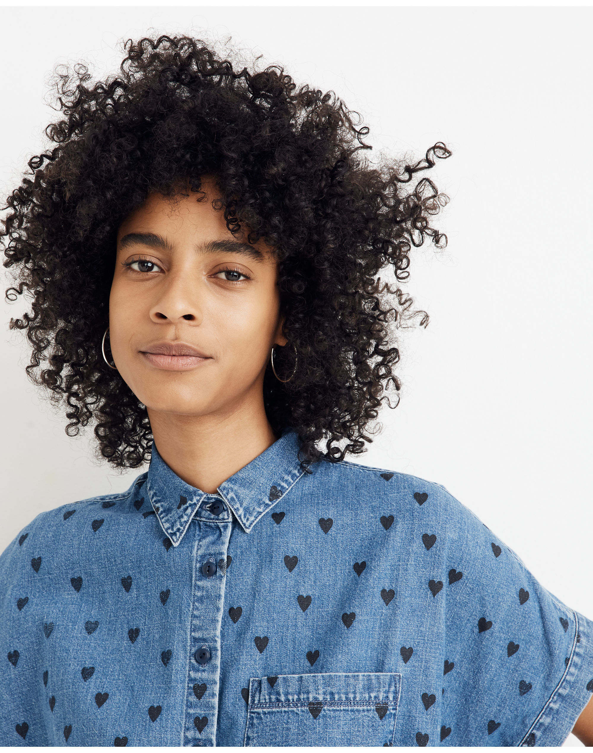 Denim Short-Sleeve Tie-Front Shirt in Heart Print