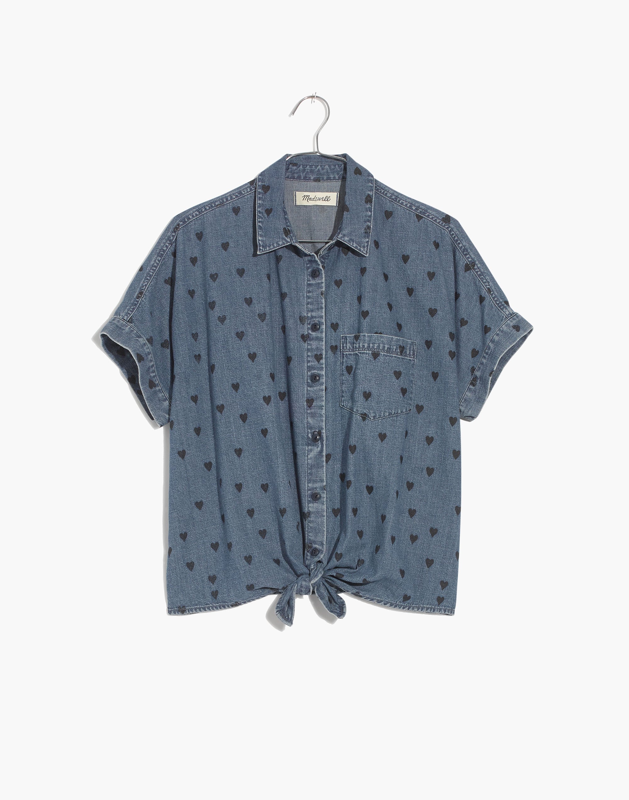 Denim Short-Sleeve Tie-Front Shirt in Heart Print