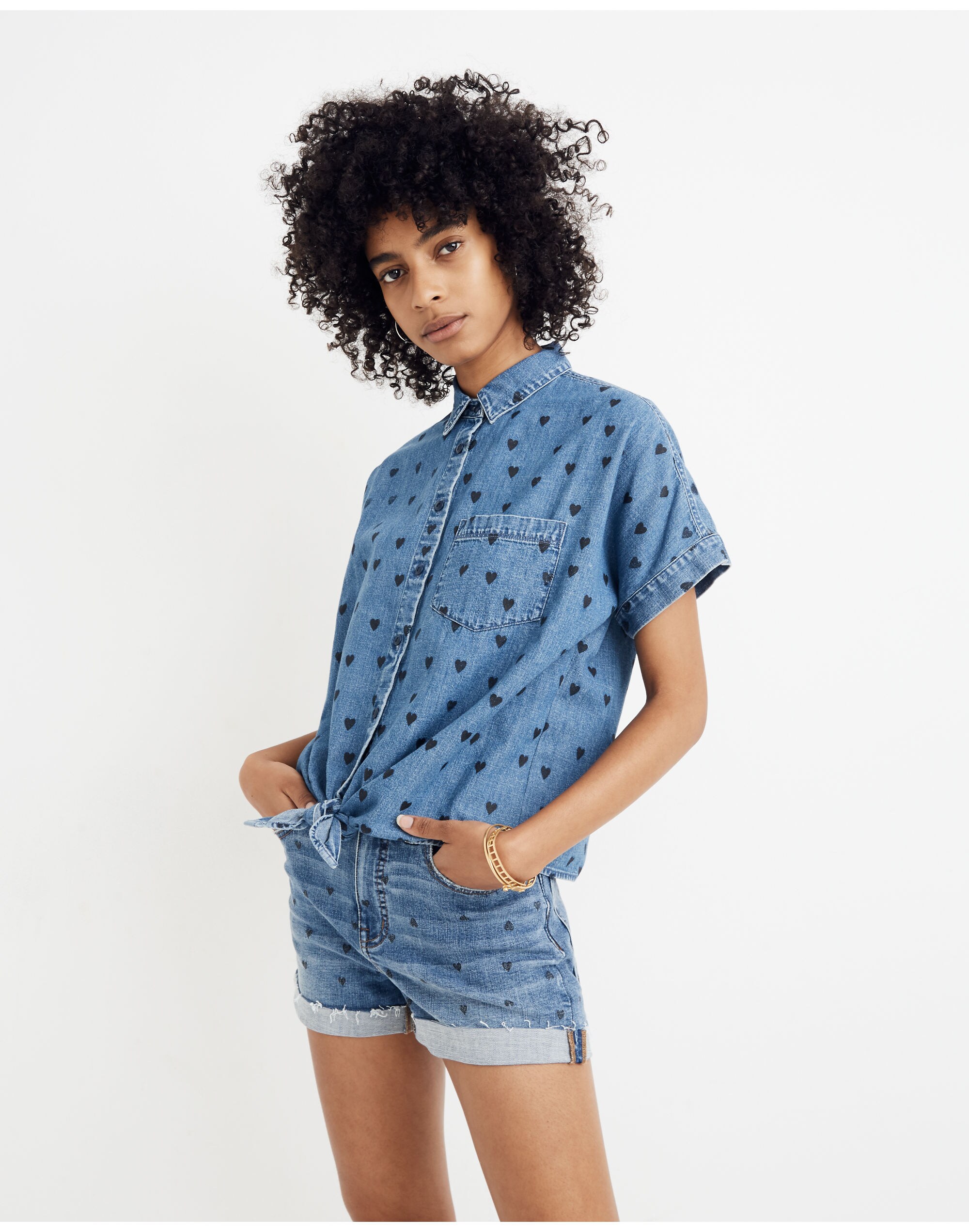 Denim Short-Sleeve Tie-Front Shirt in Heart Print