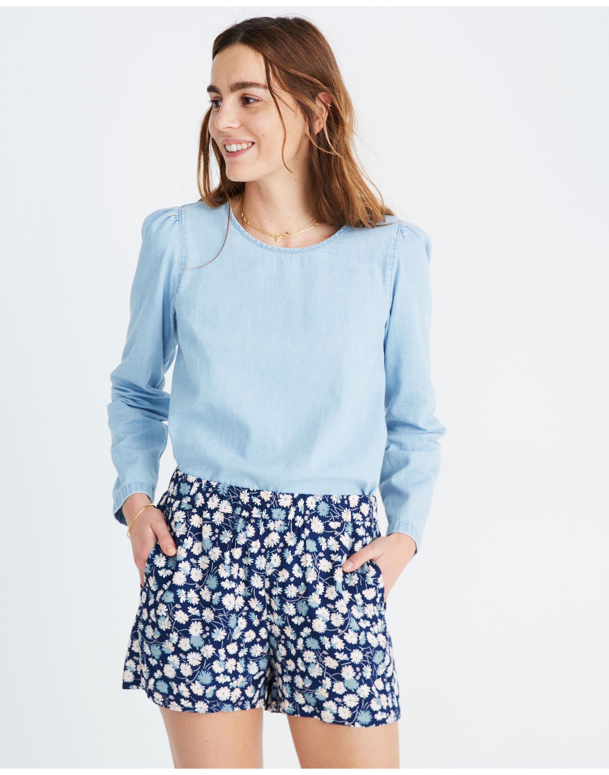 Denim Puff-Sleeve Swing Shirt