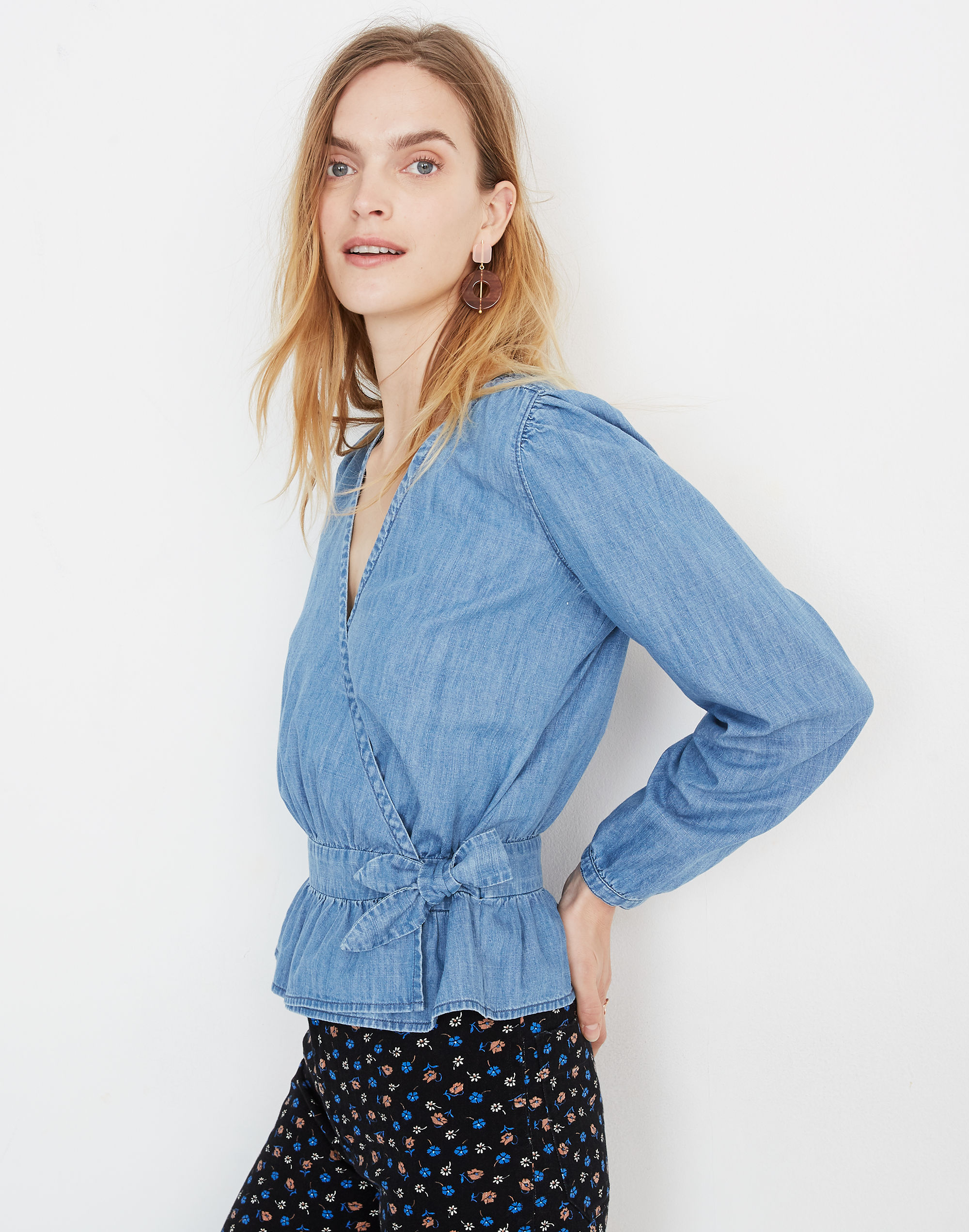 Denim Puff-Sleeve Peplum Wrap Top