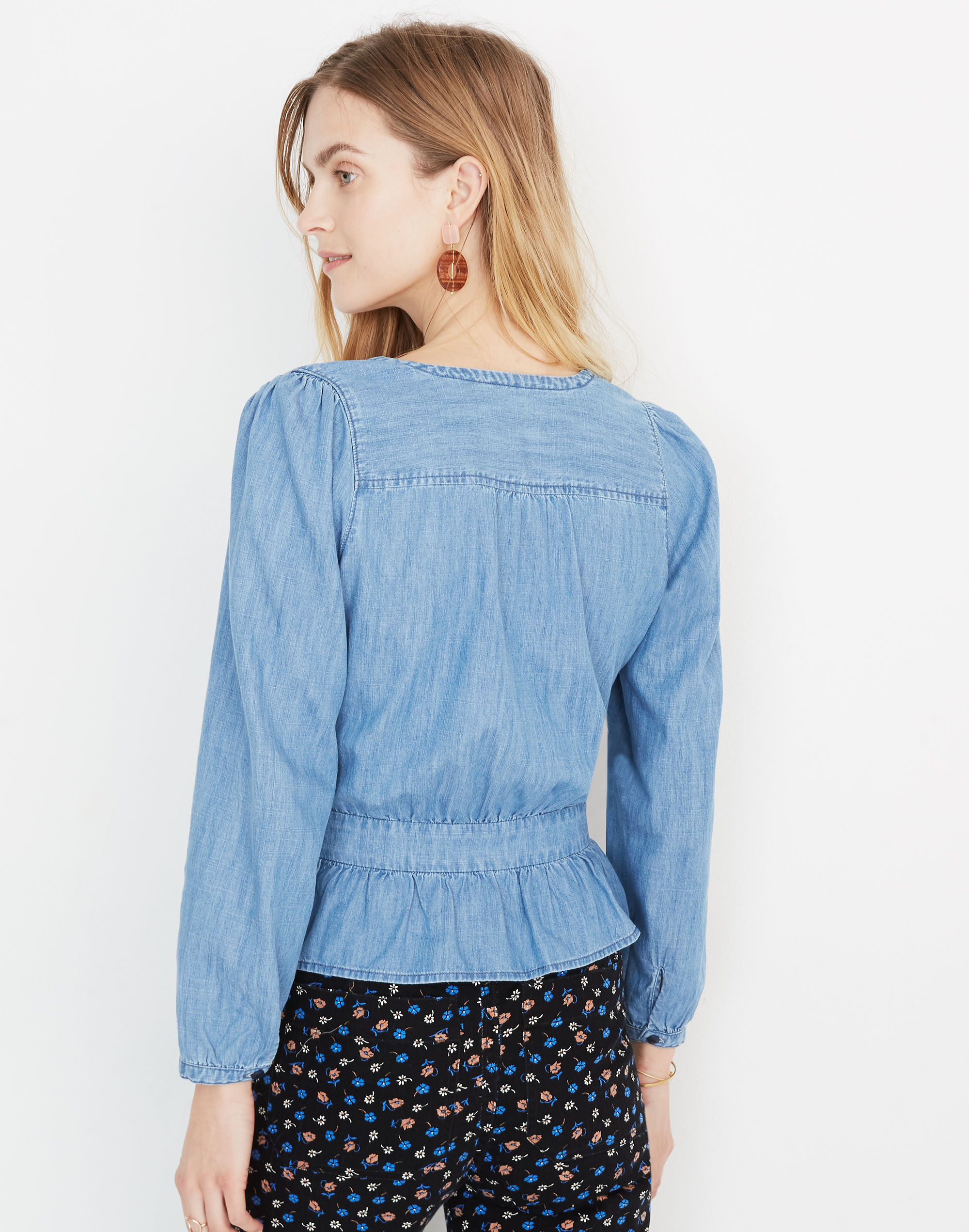 Denim Puff-Sleeve Peplum Wrap Top