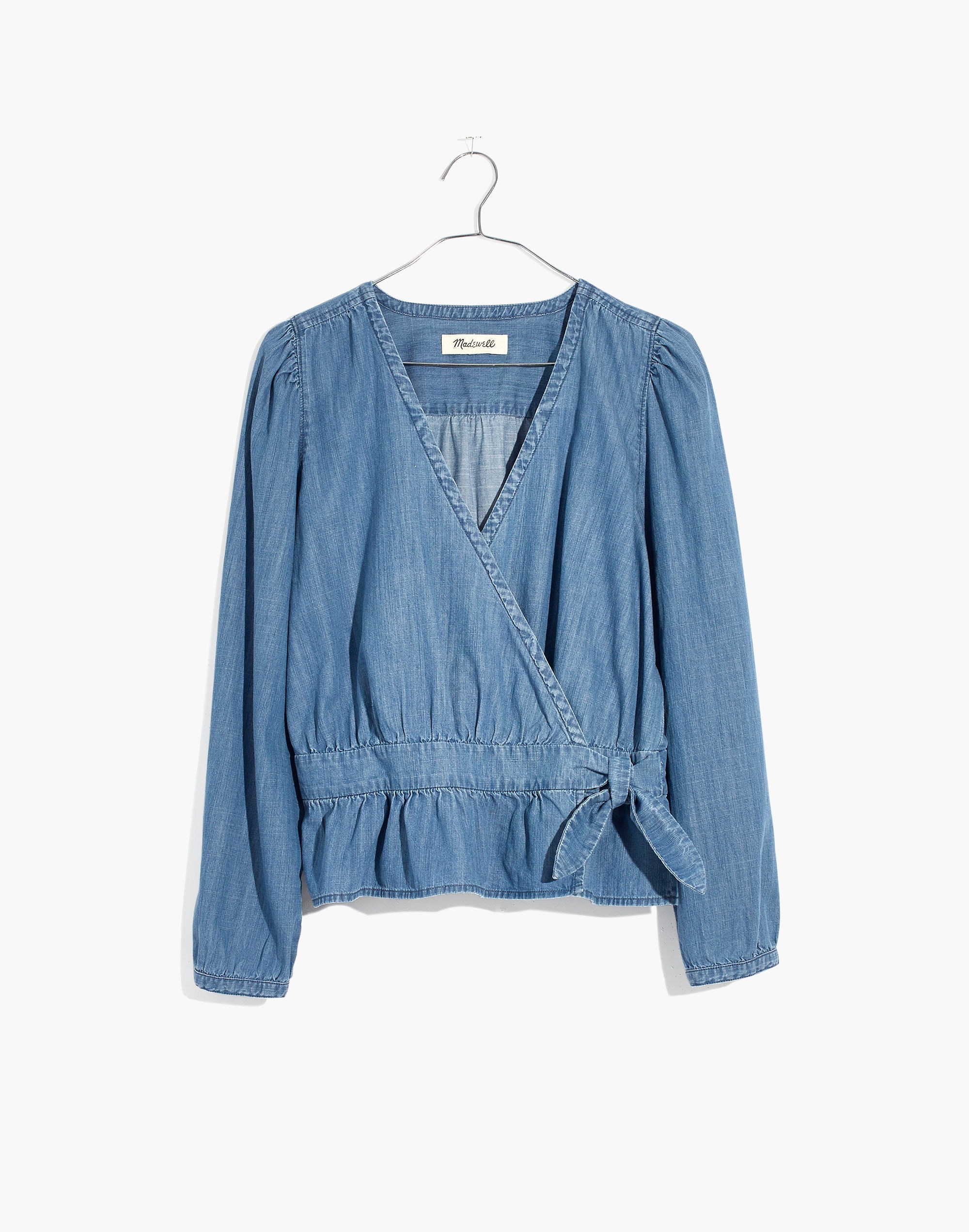 Denim Puff-Sleeve Peplum Wrap Top