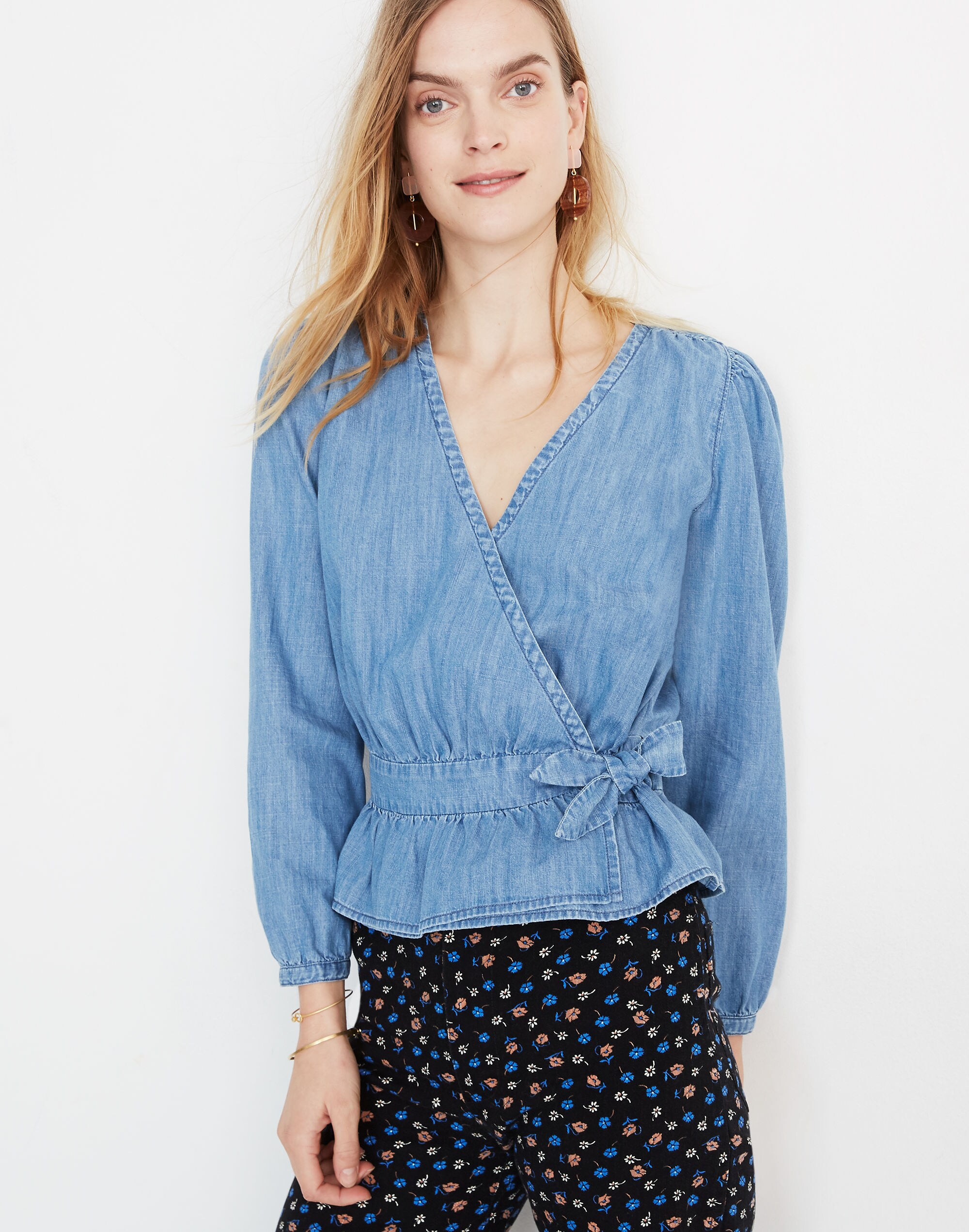 Denim Puff-Sleeve Peplum Wrap Top