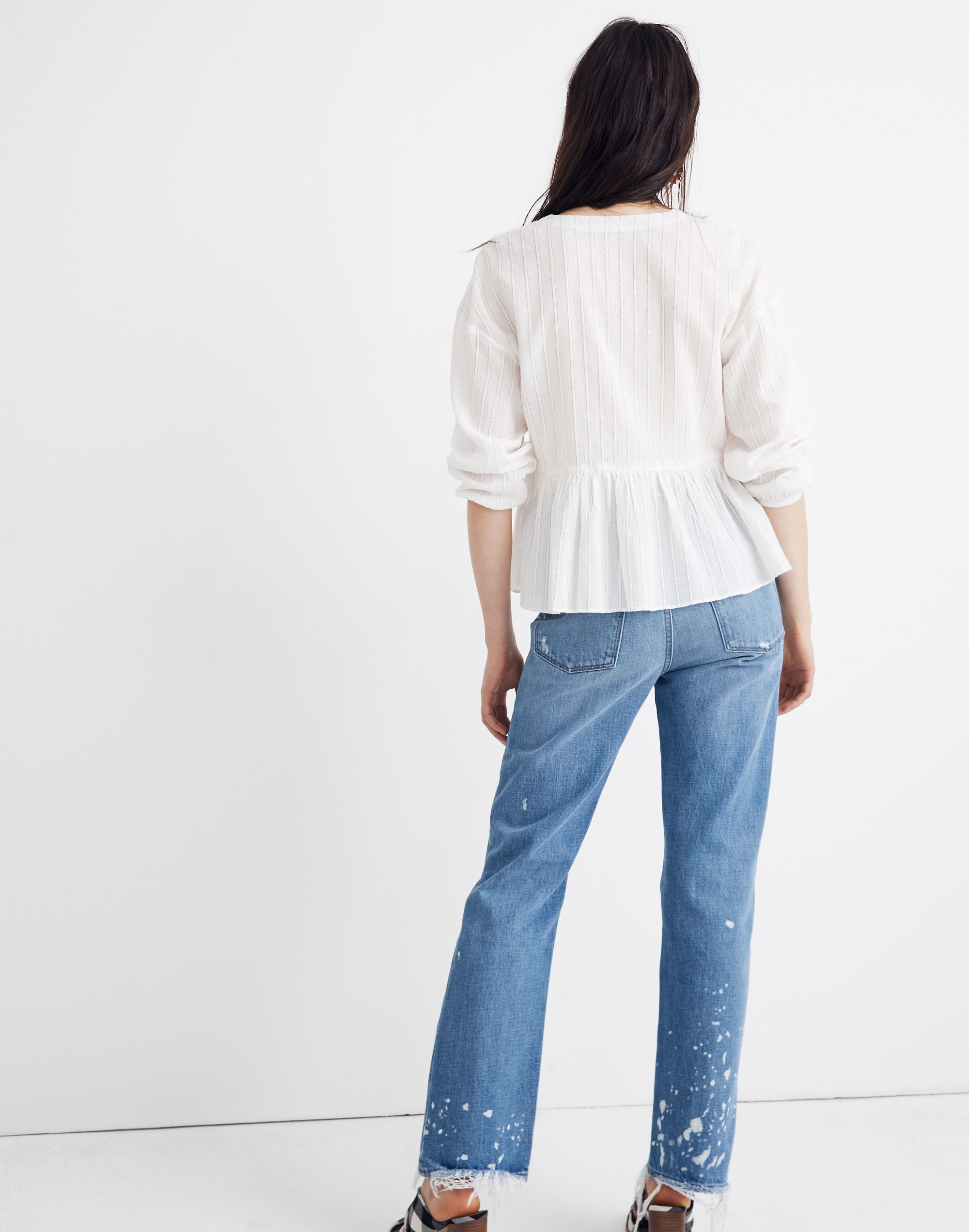 Bubble-Sleeve Peplum Top in Metallic Stripe