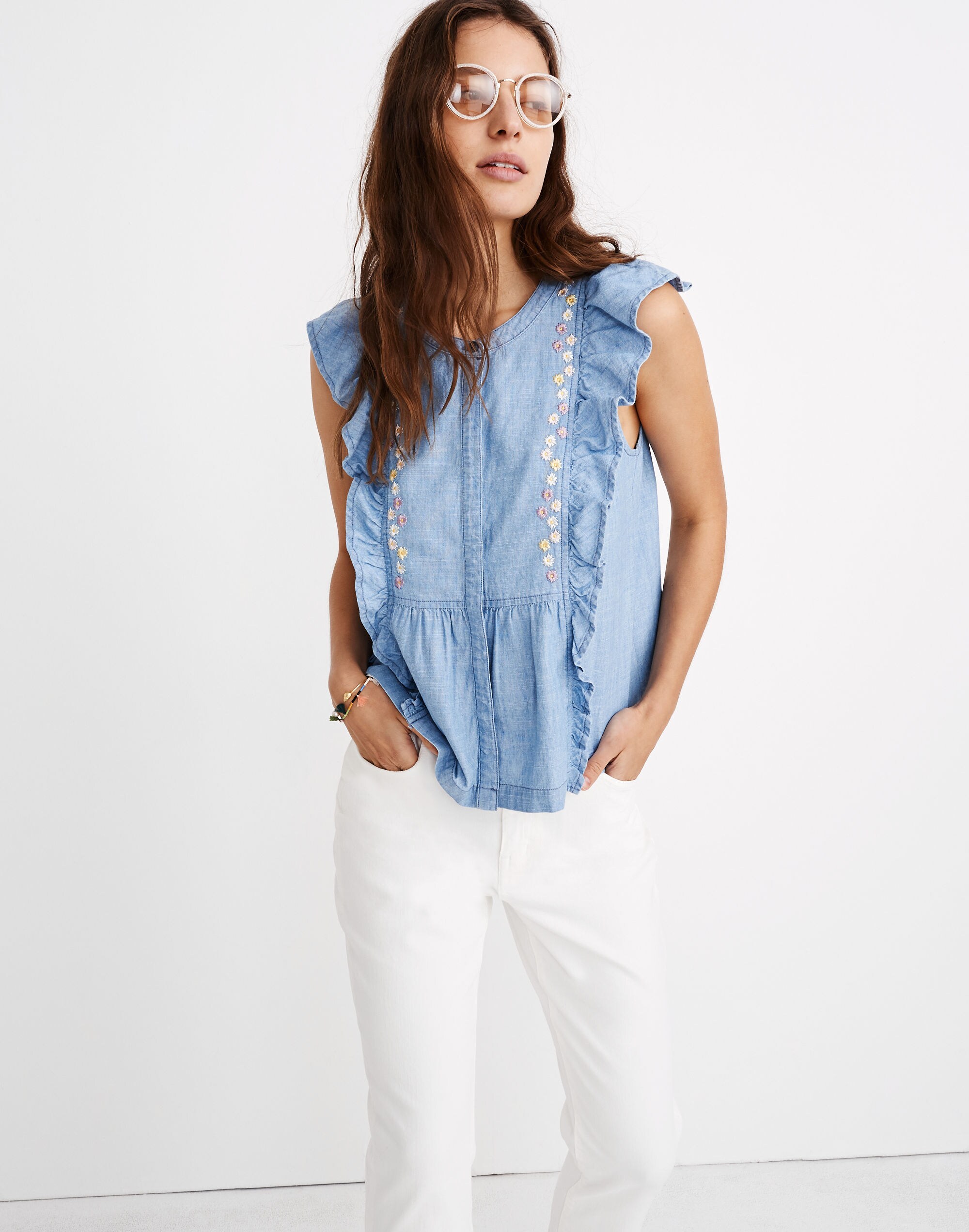 Floral Embroidered Denim Ruffle Top