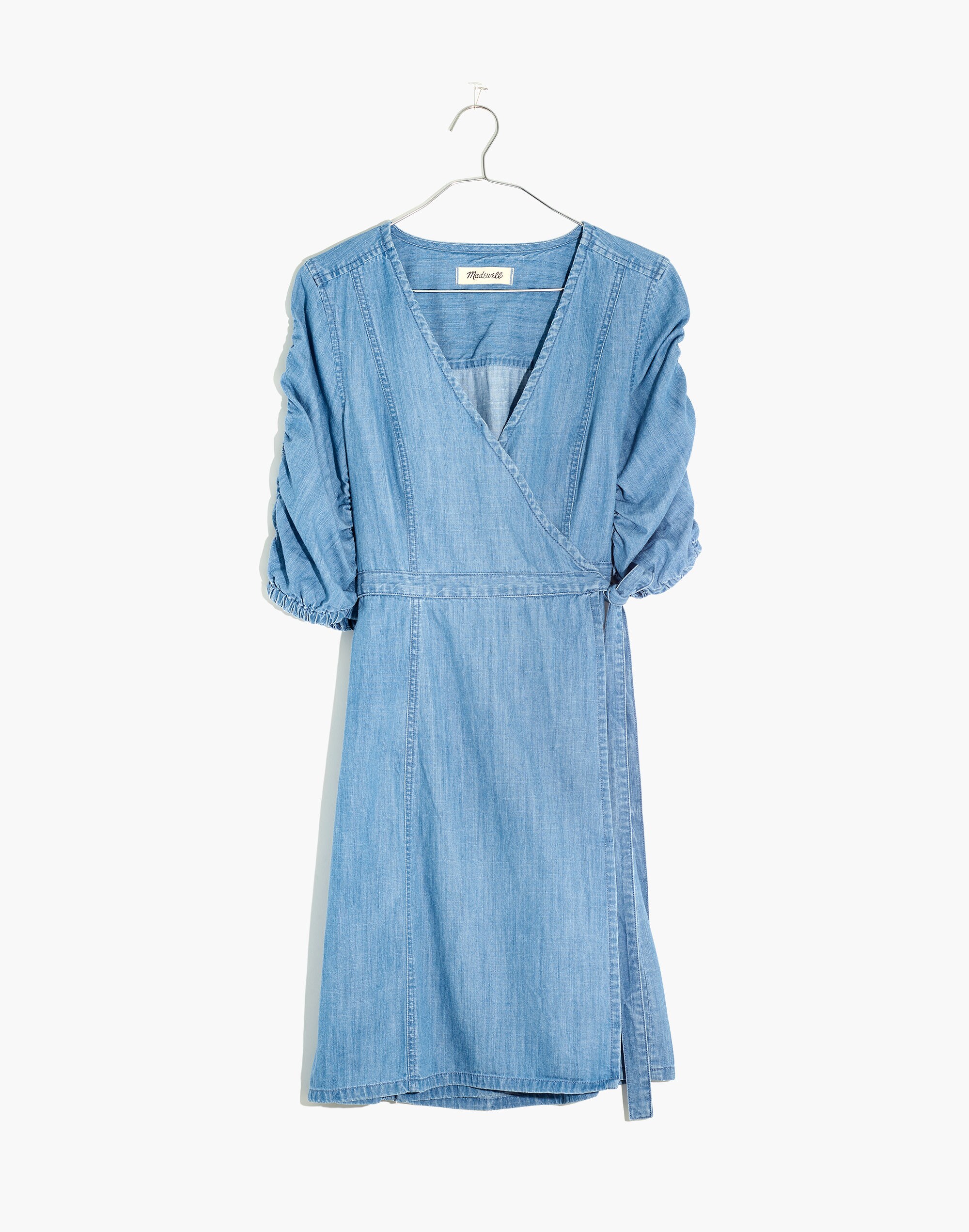 Denim Shirred-Sleeve Wrap Dress in Elsworth Wash