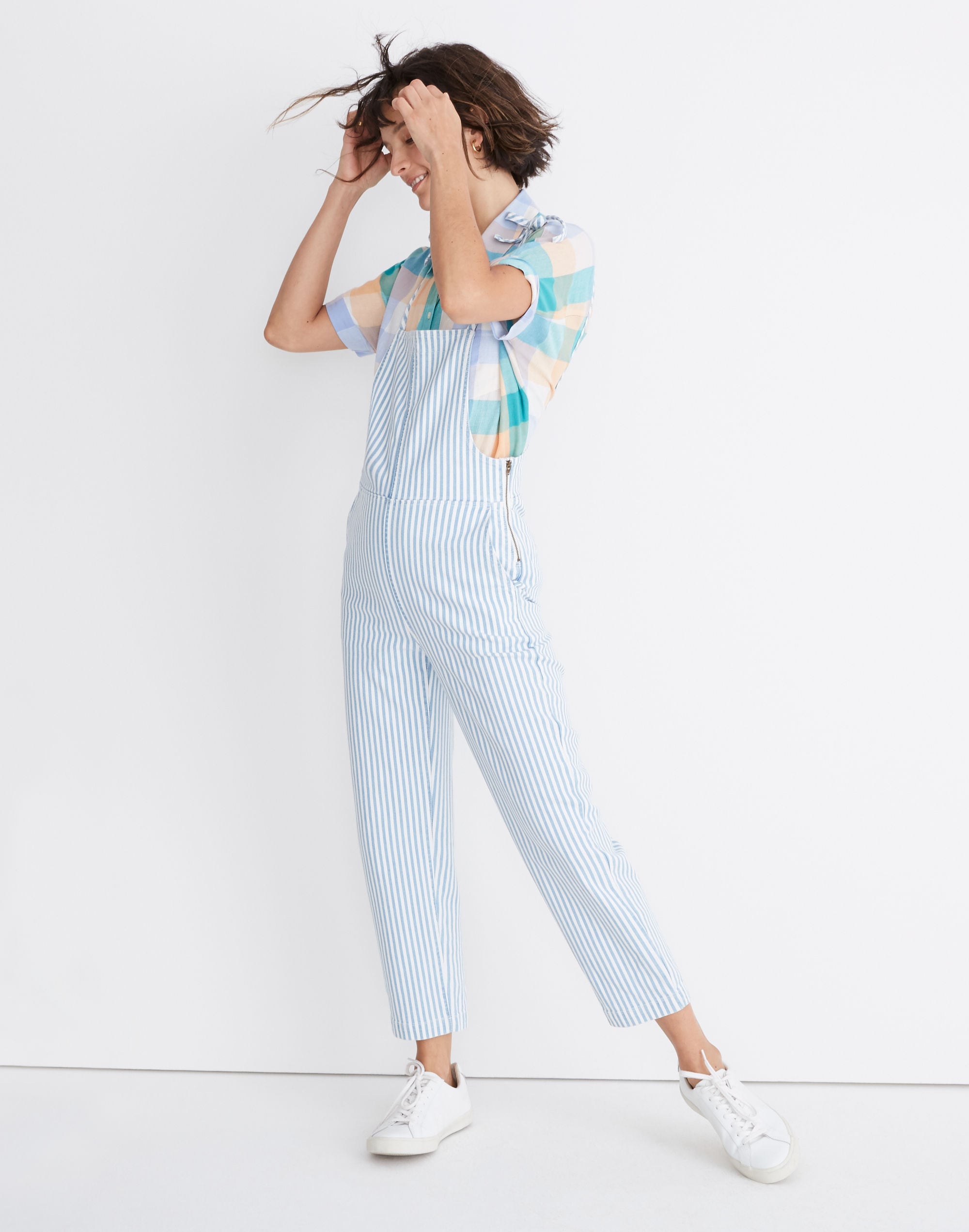 tie-strap overalls in railroad stripe