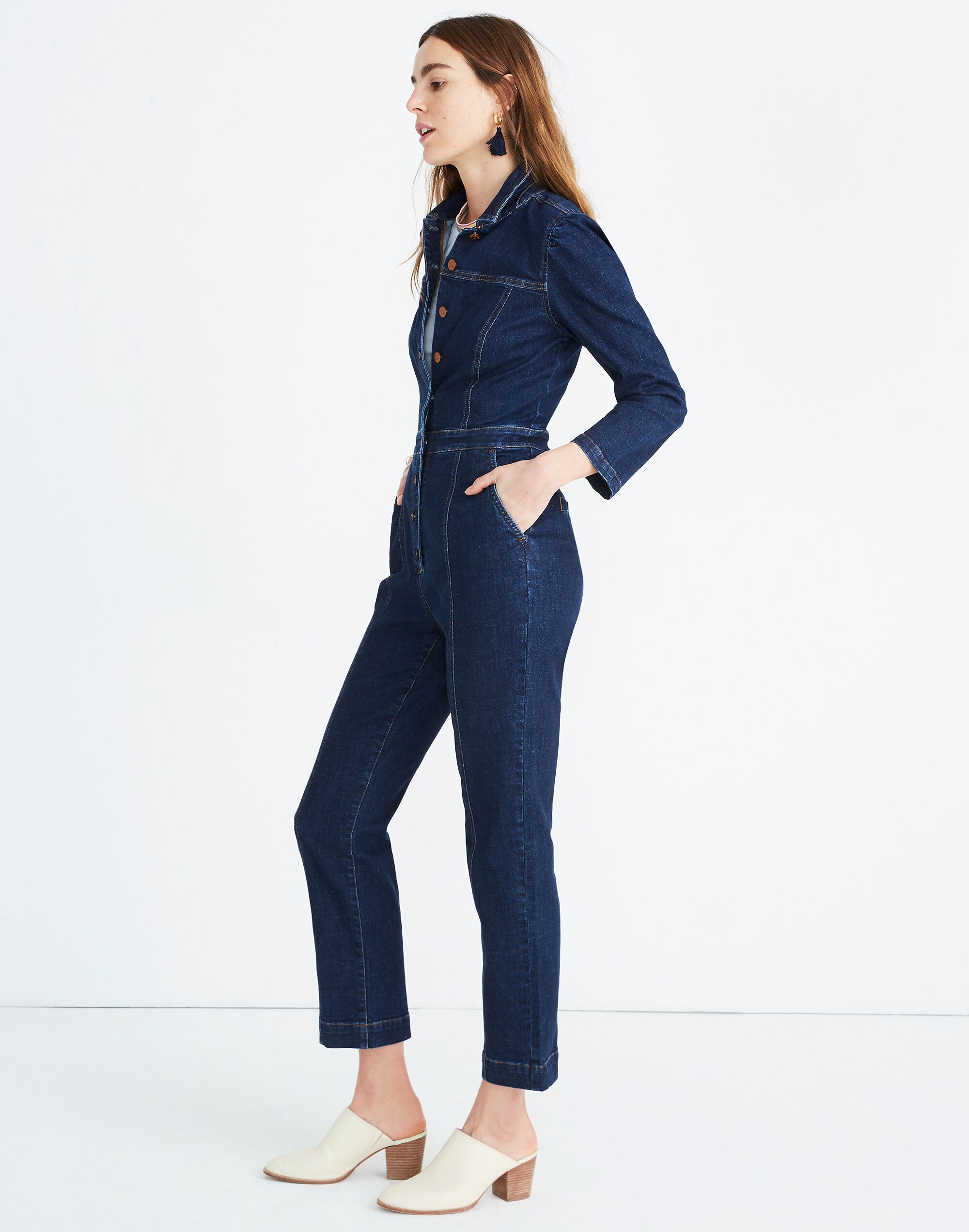 Denim Puff-Sleeve Jumpsuit