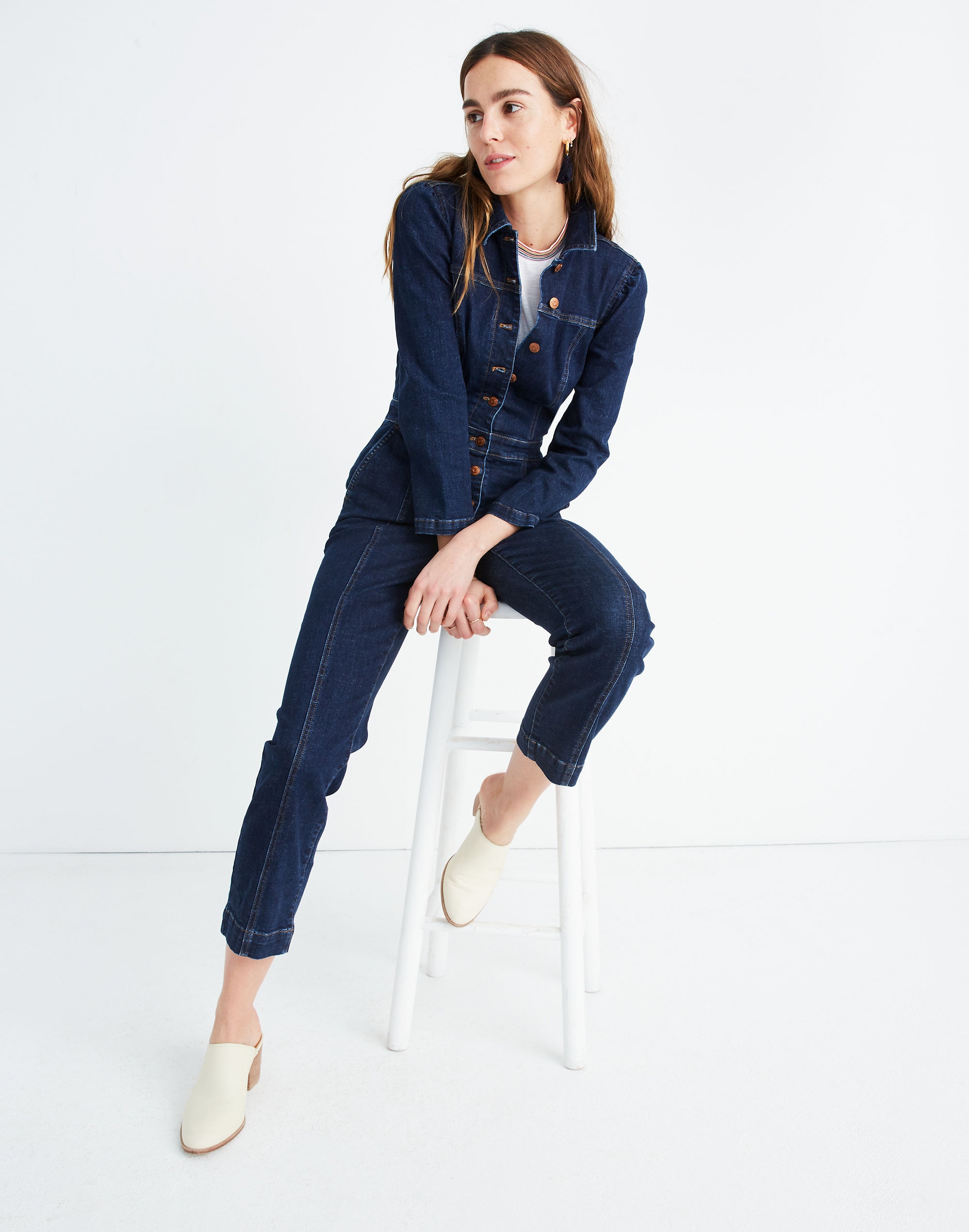 Denim Puff-Sleeve Jumpsuit