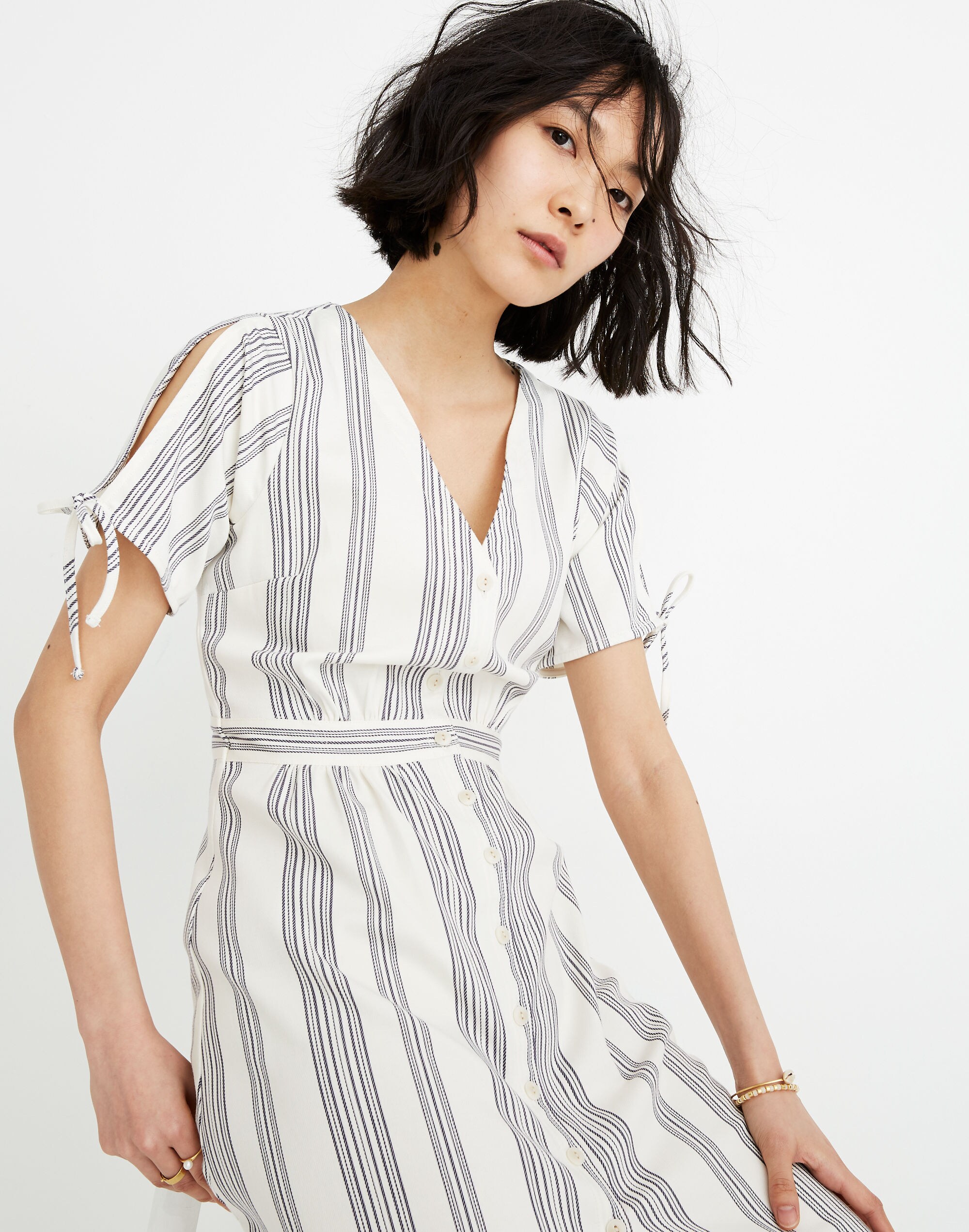 Tie-Sleeve Dress in Indigo Stripe