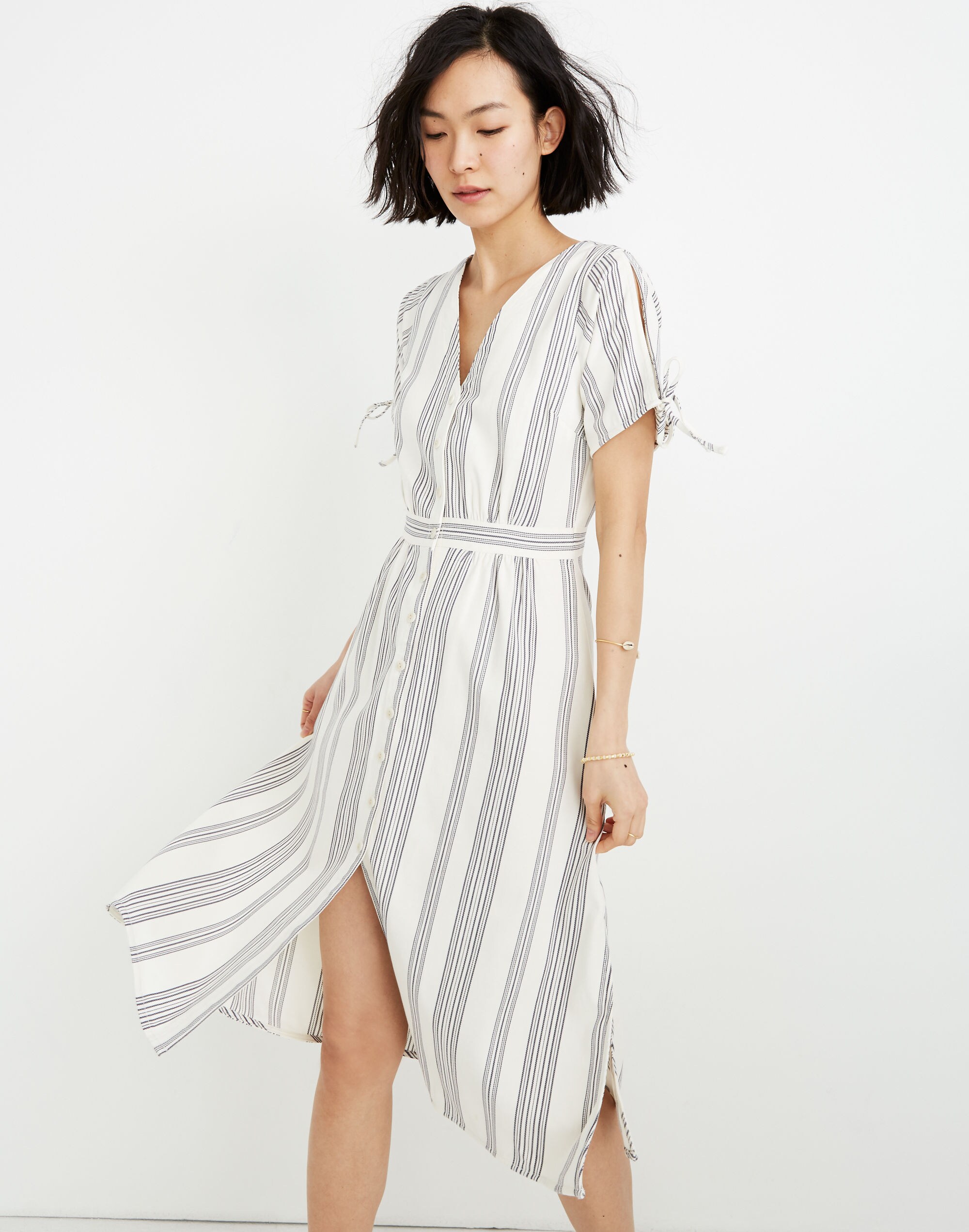 Tie-Sleeve Dress in Indigo Stripe