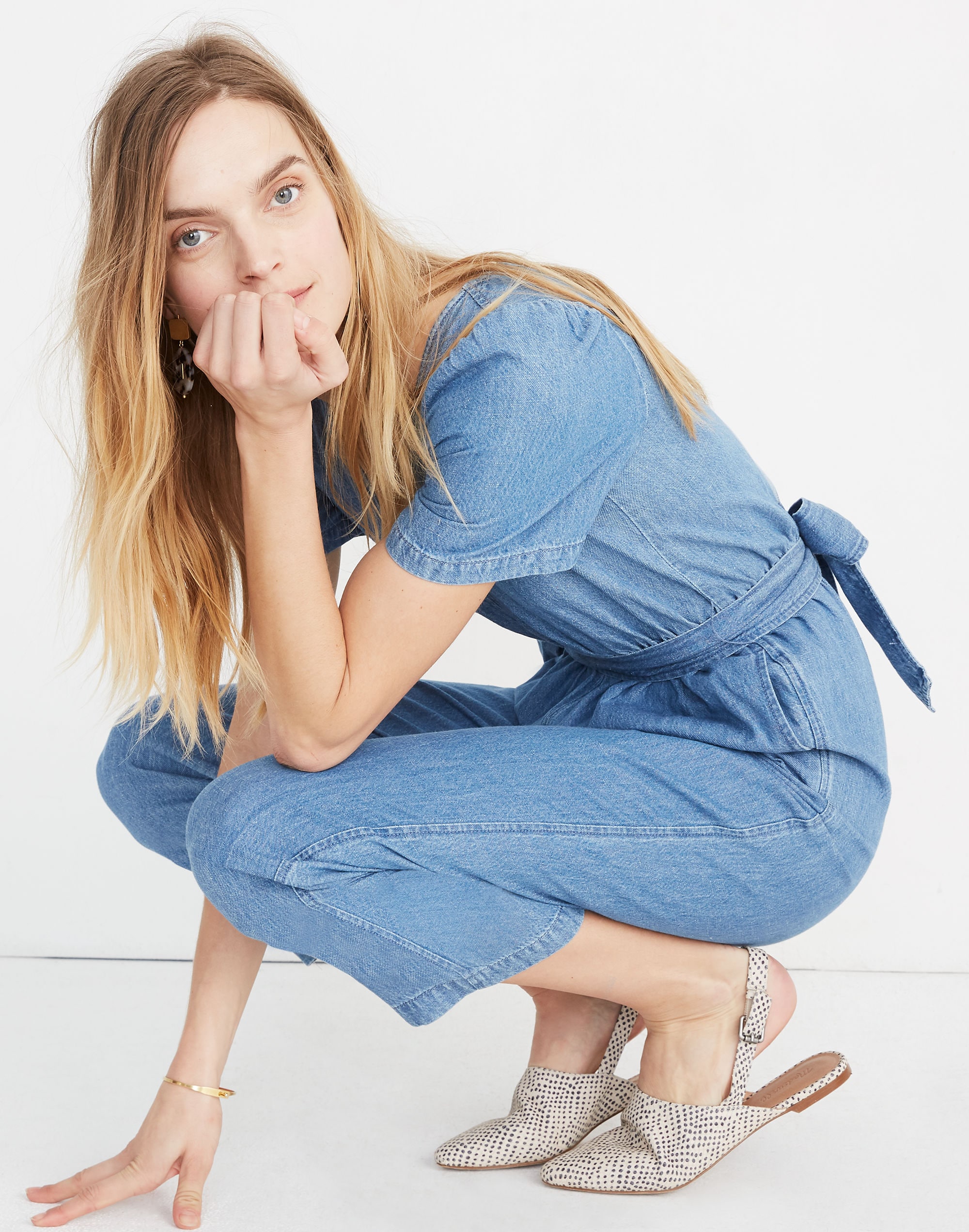 Denim Puff-Sleeve Tapered Jumpsuit