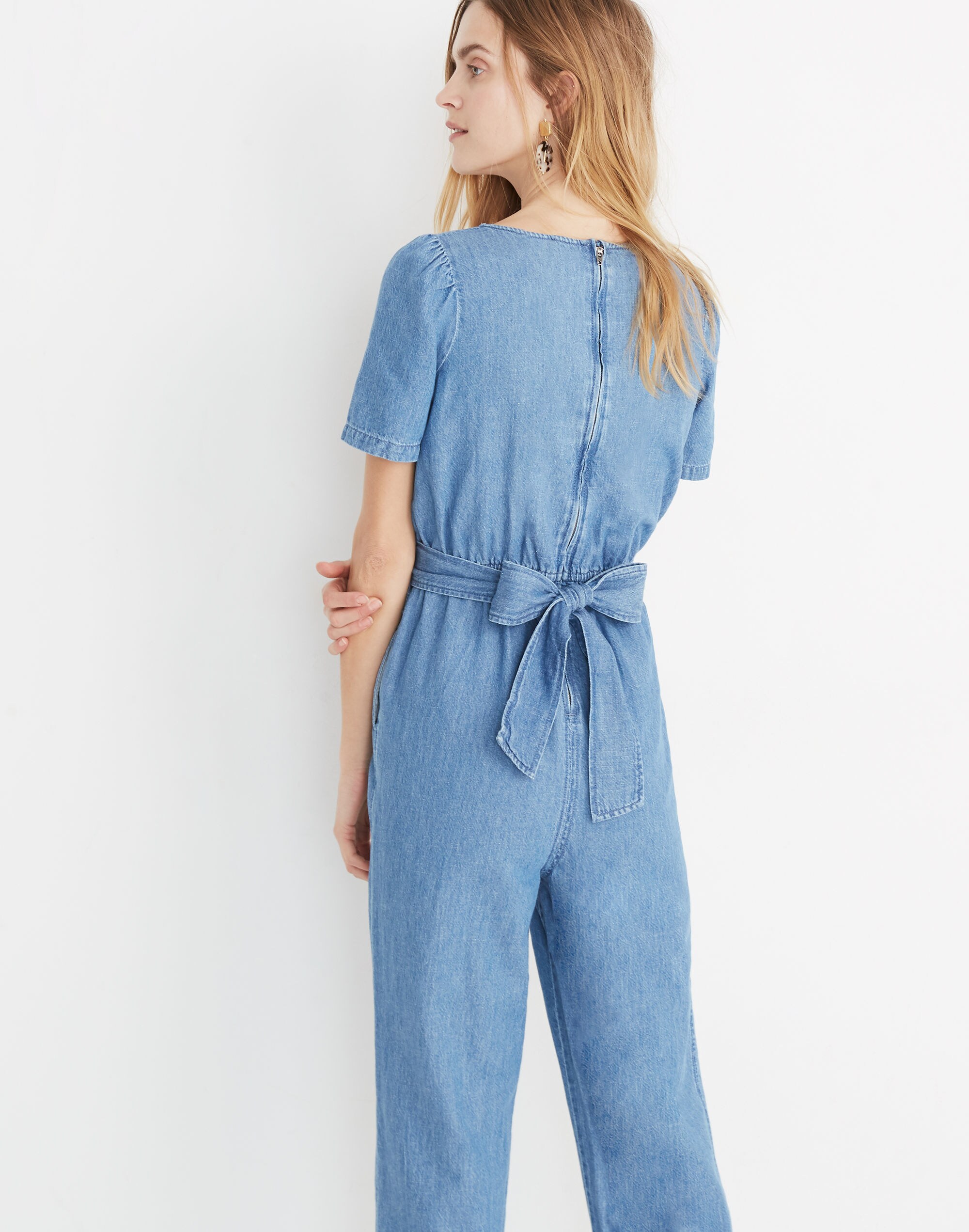 Denim Puff-Sleeve Tapered Jumpsuit