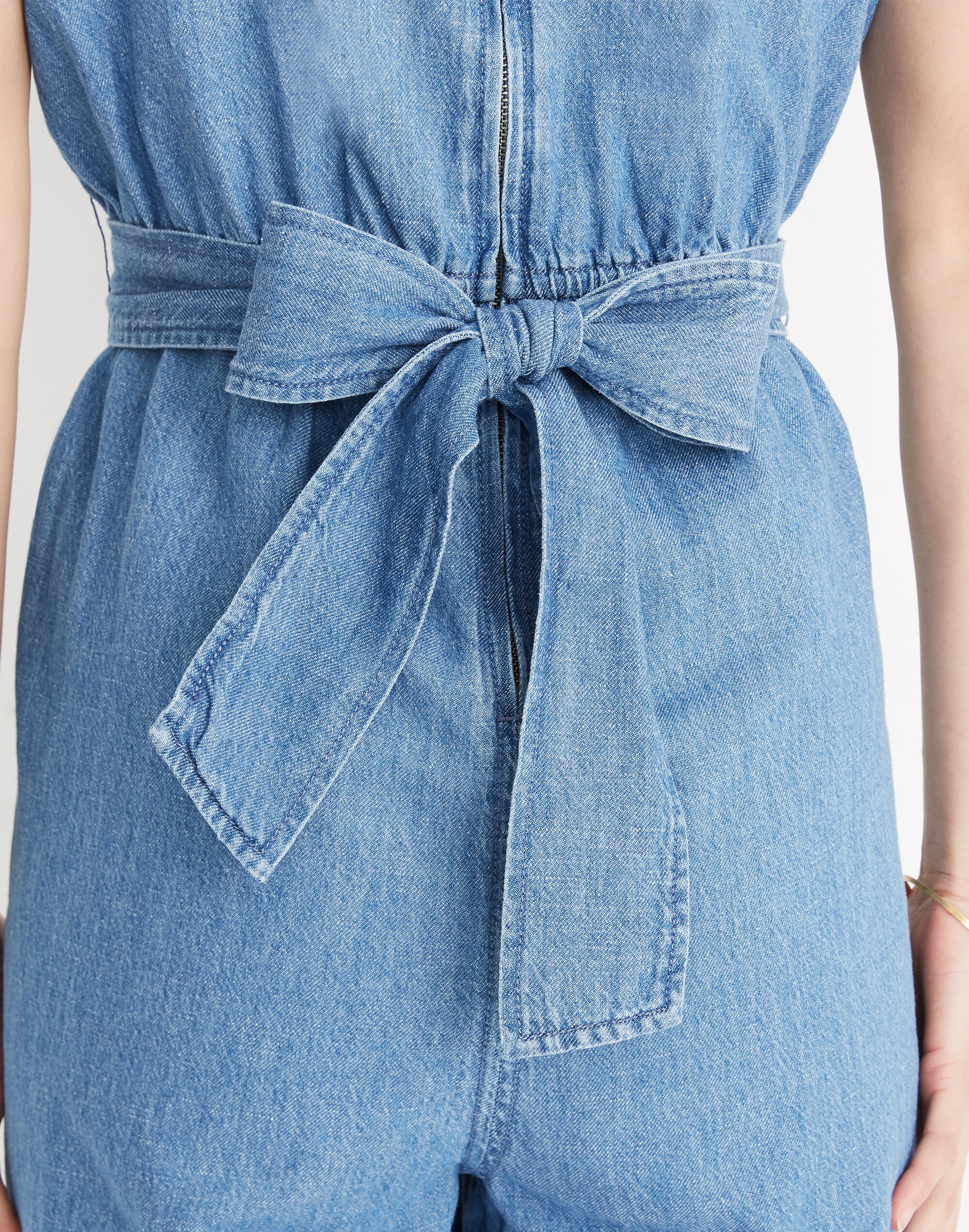 Denim Puff-Sleeve Tapered Jumpsuit