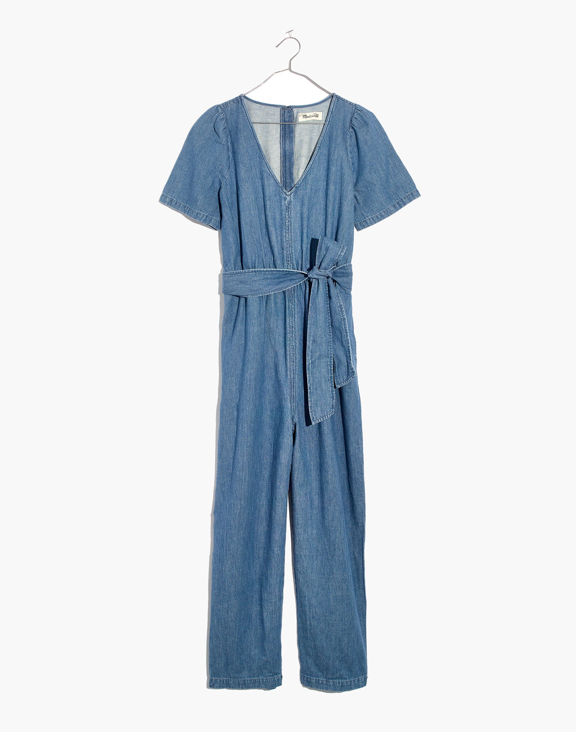 Denim Puff-Sleeve Tapered Jumpsuit