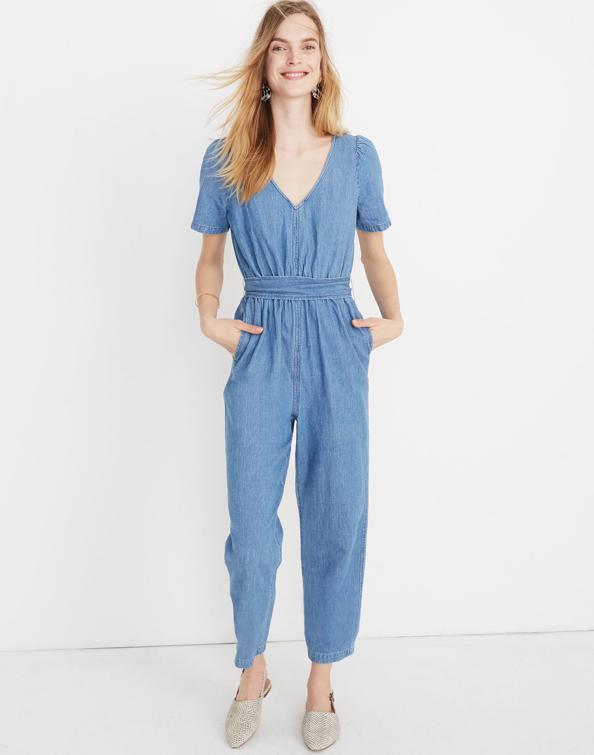 Denim Puff-Sleeve Tapered Jumpsuit