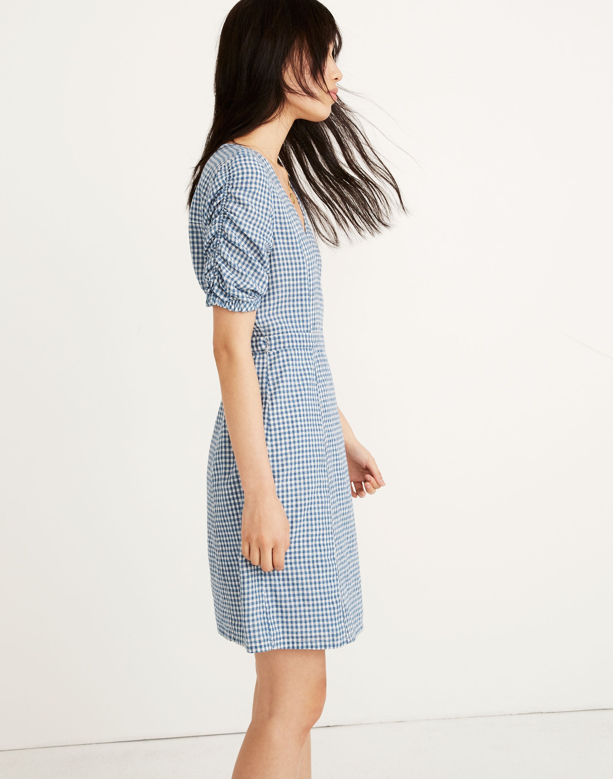 Petite Gingham Shirred-Sleeve Wrap Dress