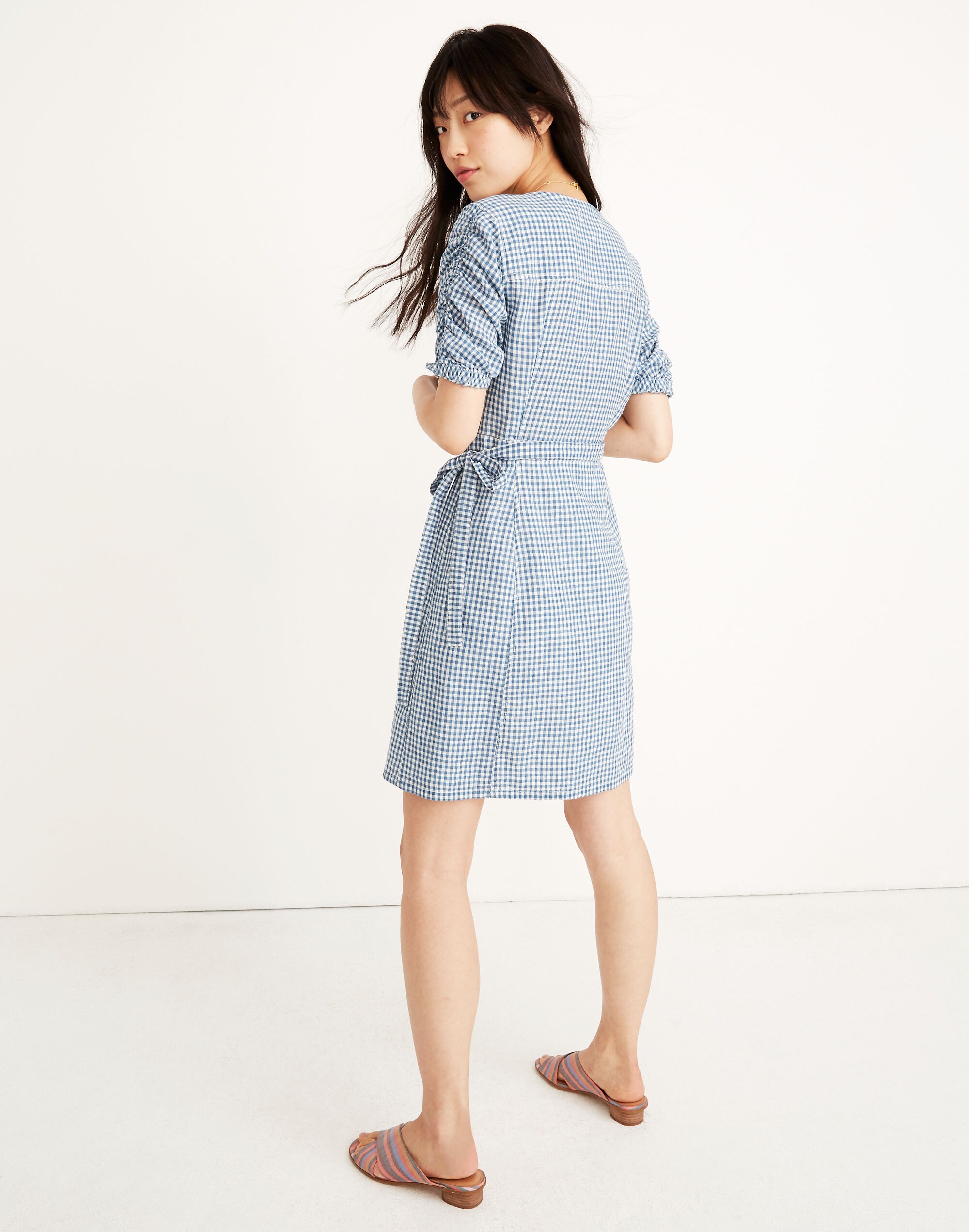 Gingham Shirred-Sleeve Wrap Dress