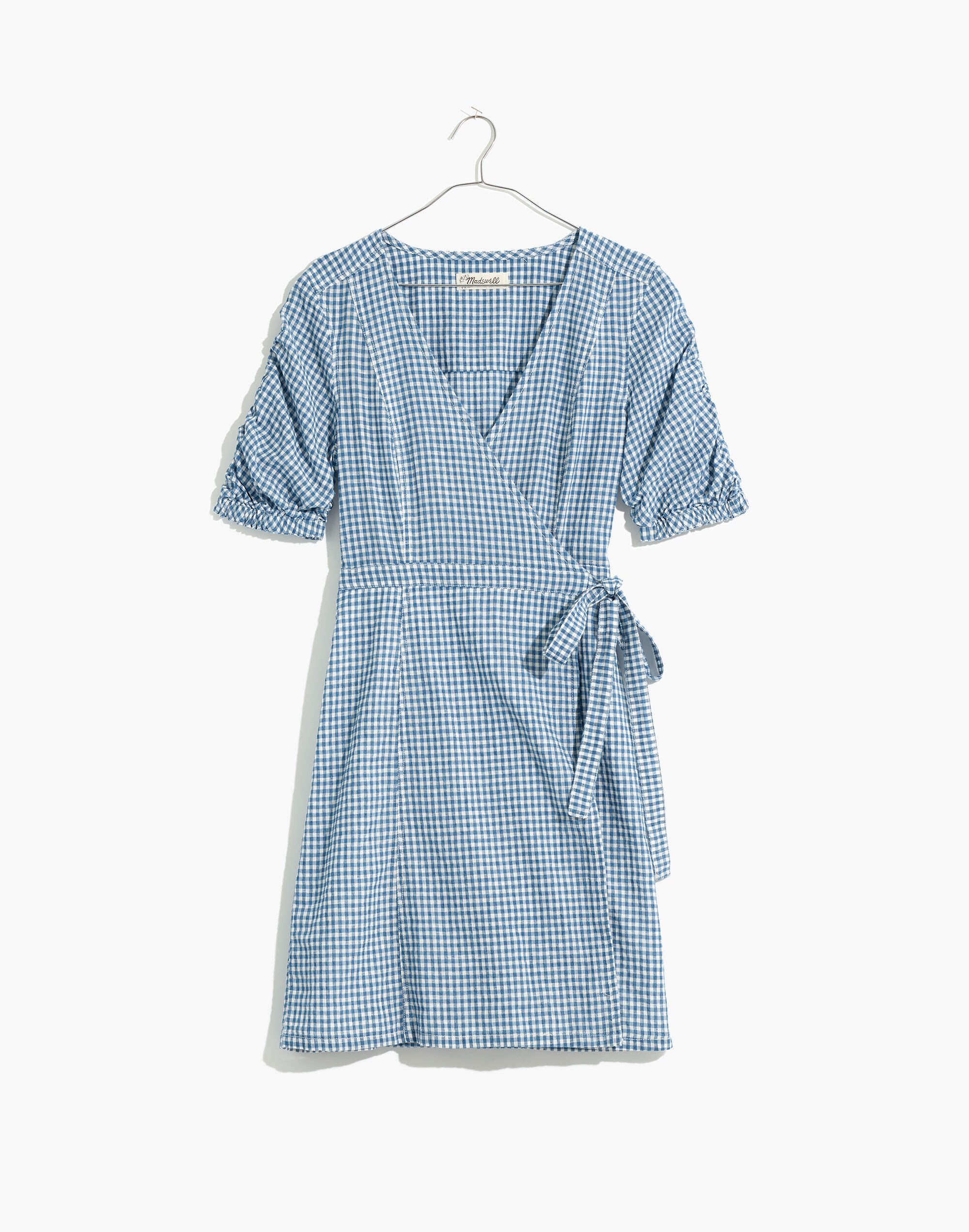 Petite Gingham Shirred-Sleeve Wrap Dress