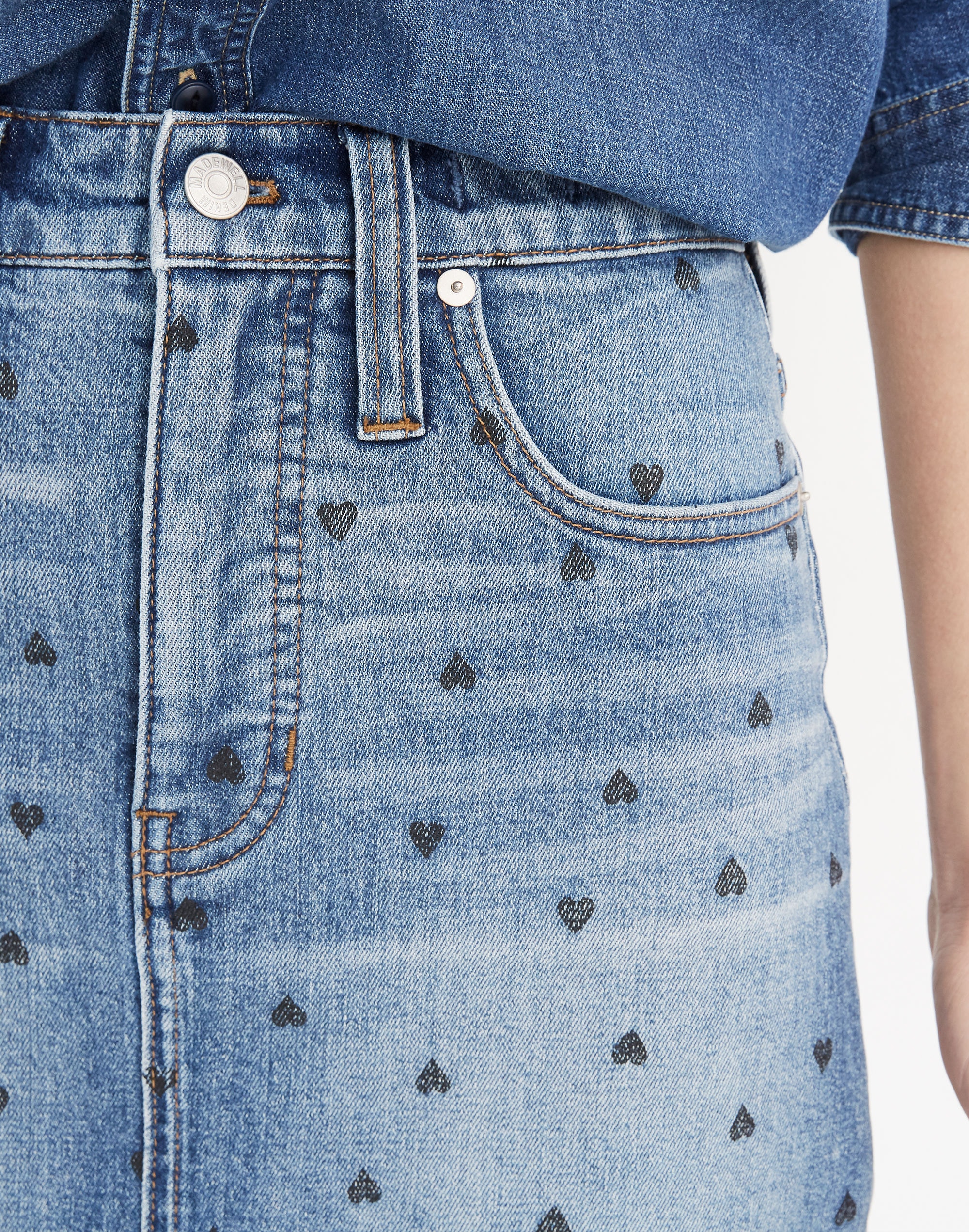 Stretch Denim Straight Mini Skirt: Heart Print Edition