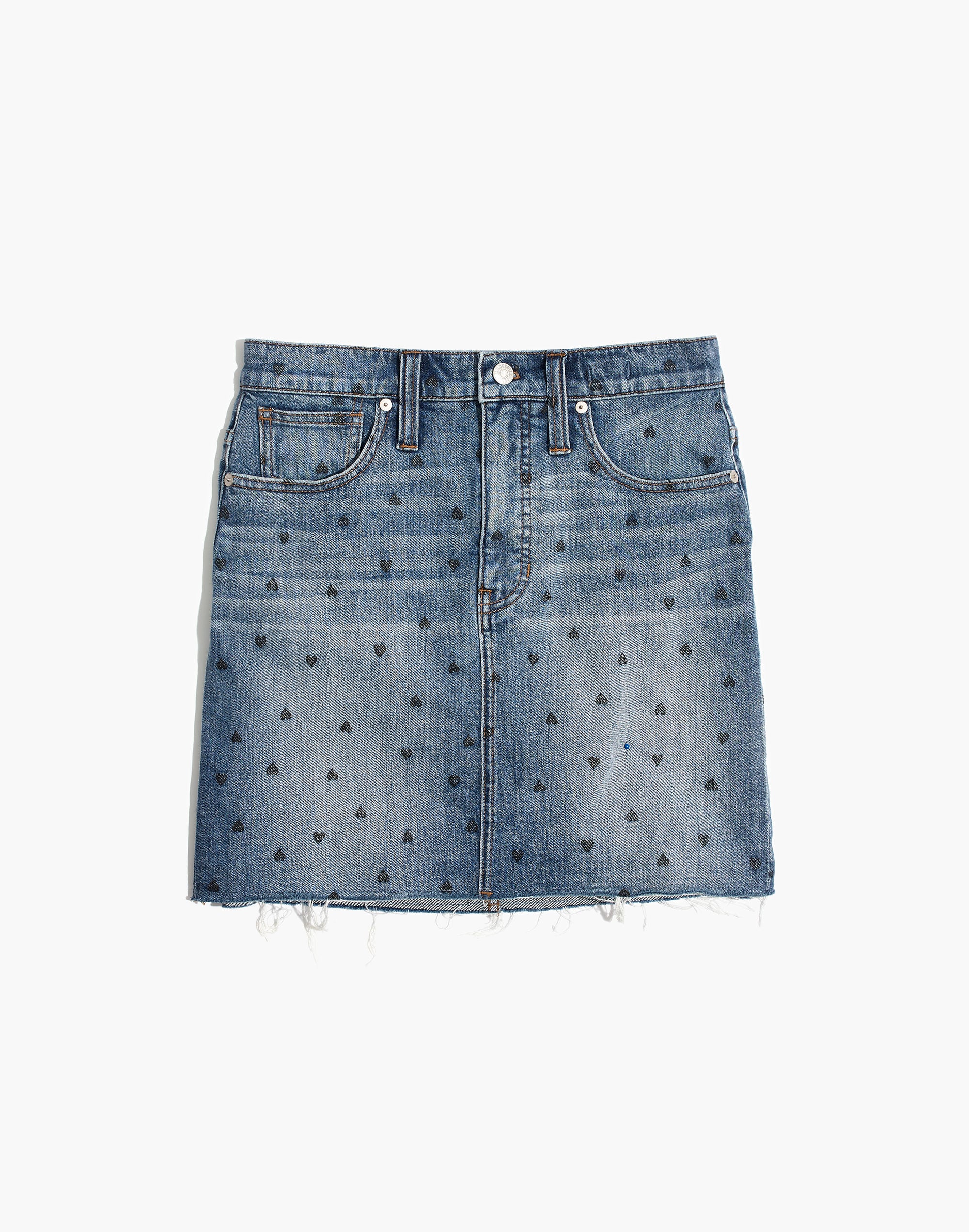 Stretch Denim Straight Mini Skirt: Heart Print Edition