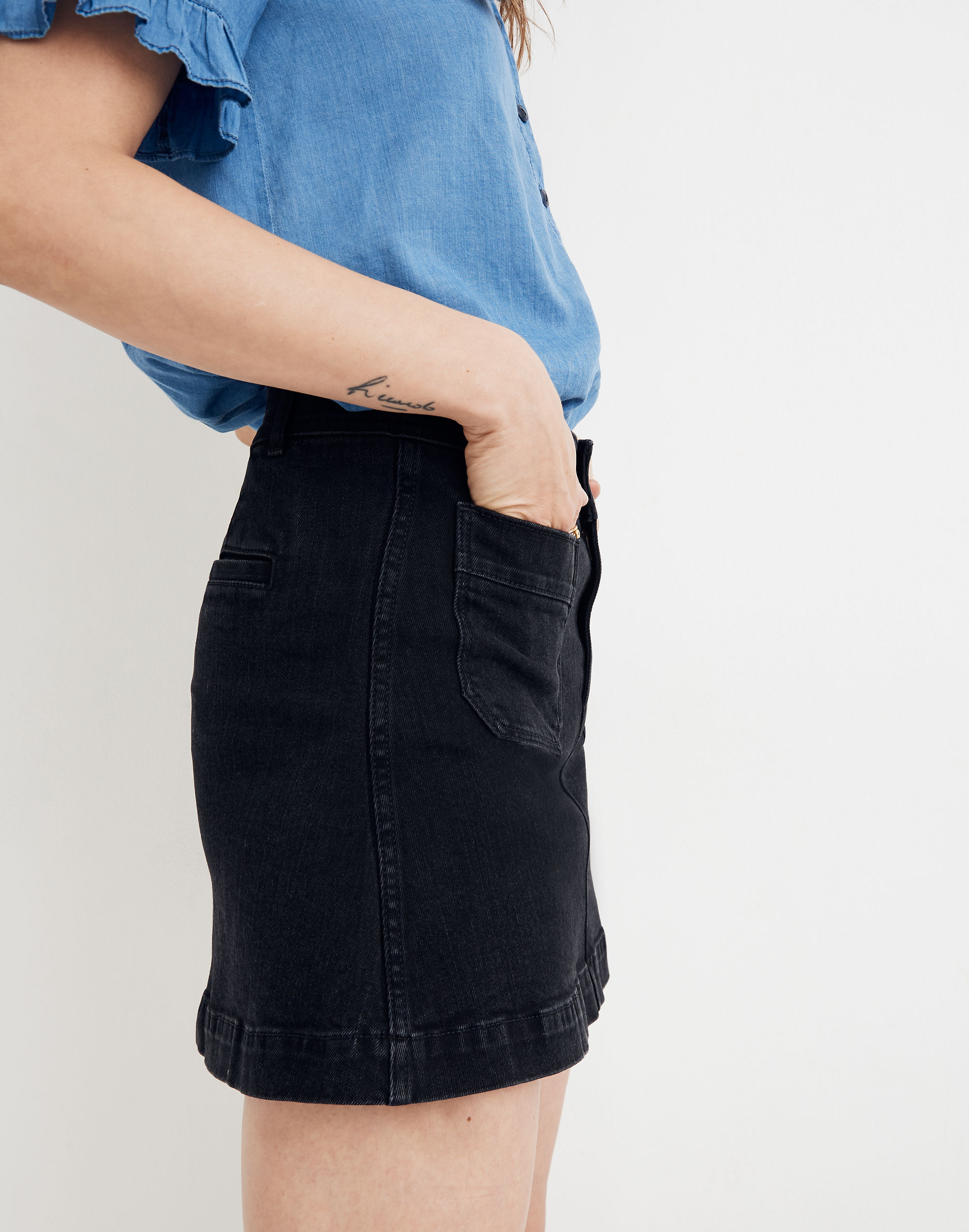 Stretch Denim A-line Mini Skirt in Black Frost