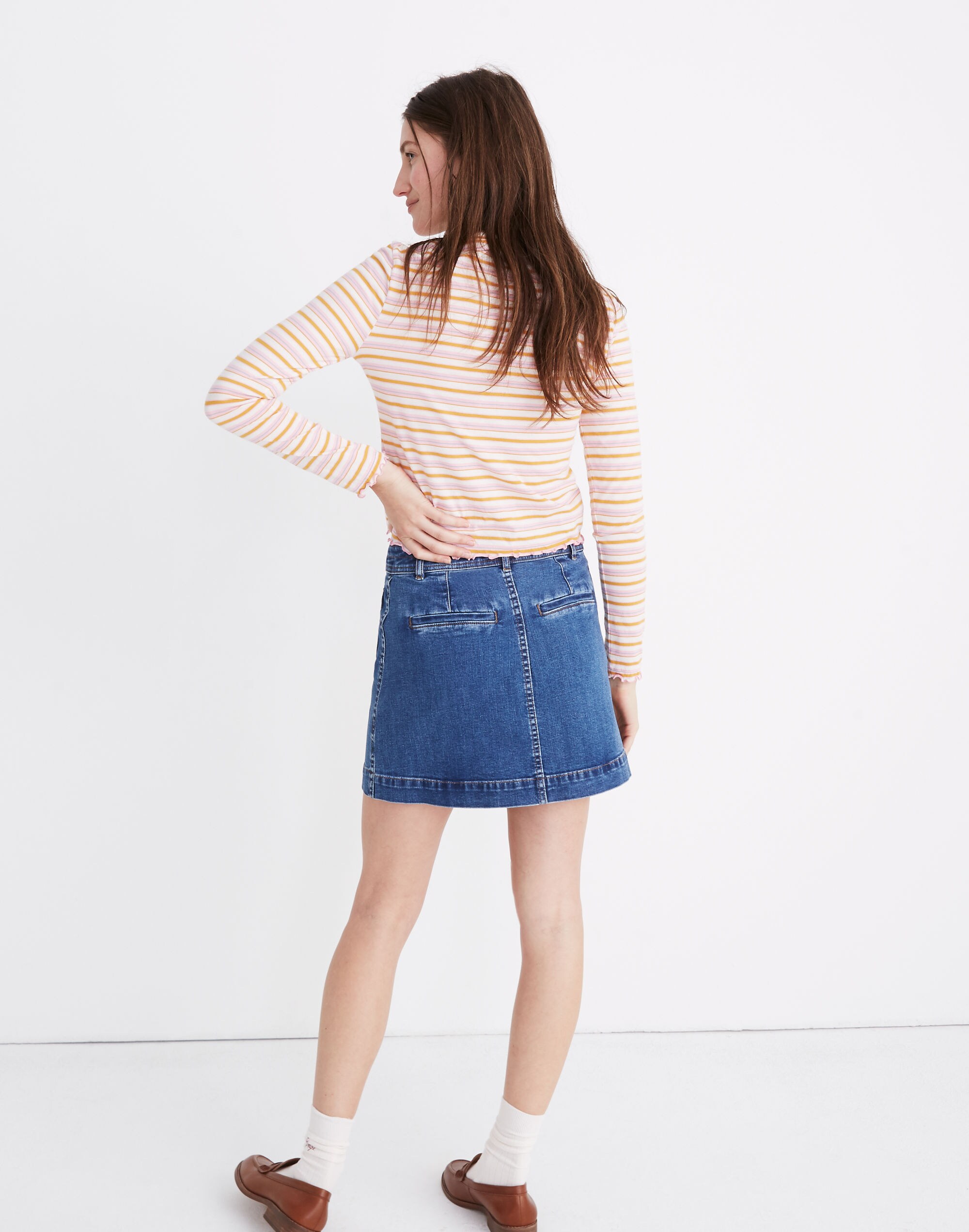 Stretch Denim A-Line Mini Skirt in Cassius Wash