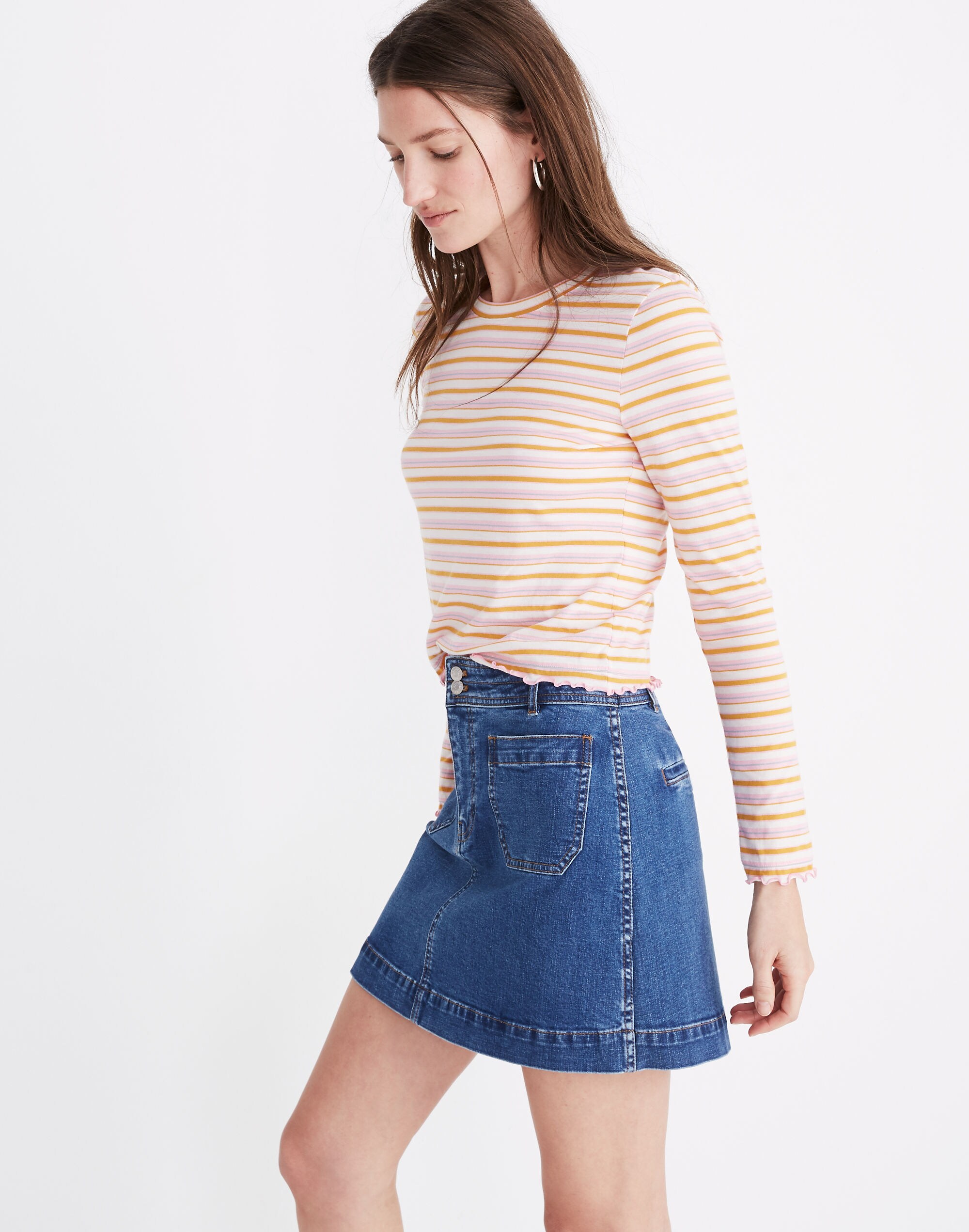 Stretch Denim A-Line Mini Skirt in Cassius Wash