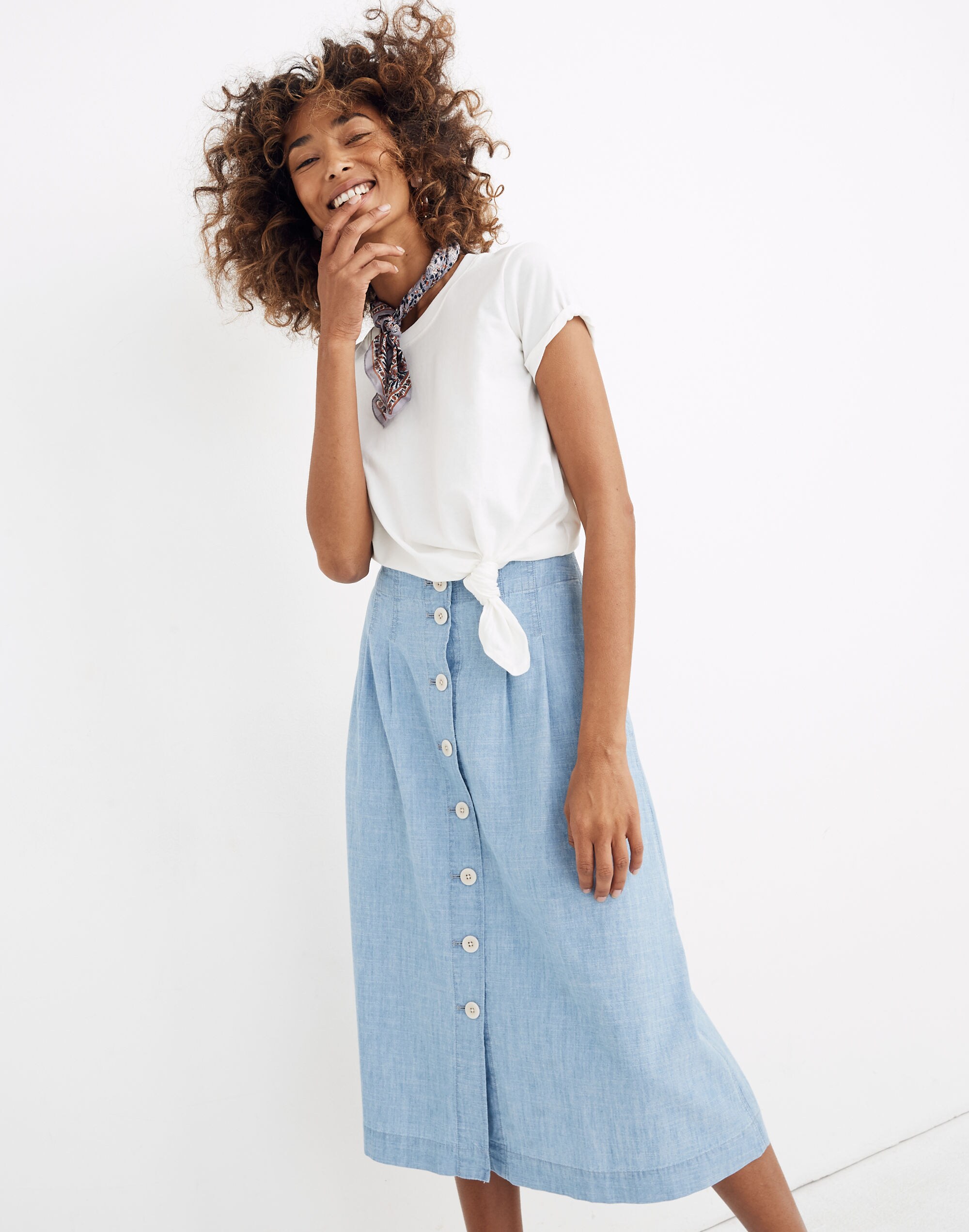 Chambray Patio Button-Front Midi Skirt
