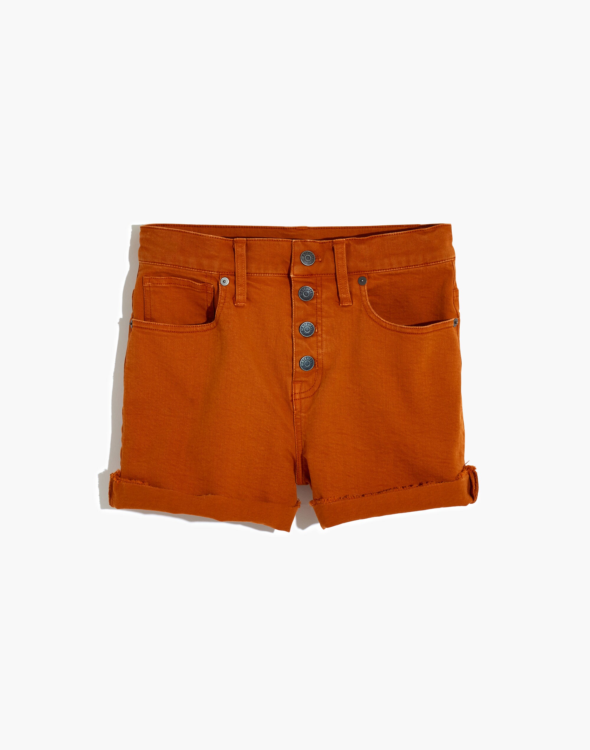 High-Rise Denim Shorts: Garment-Dyed Button-Front Edition