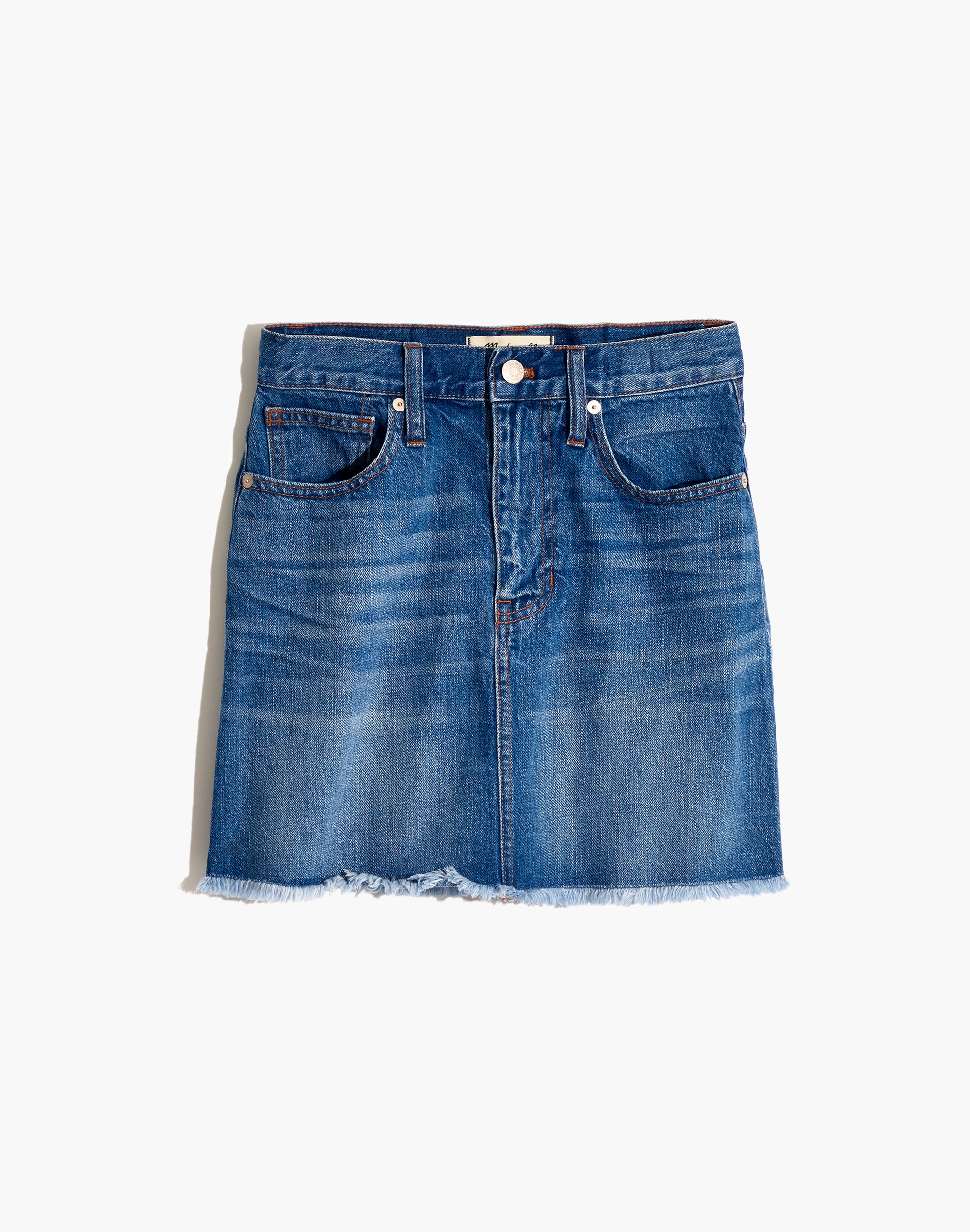 Rigid Denim A-Line Mini Skirt in Leandra Wash: Fluffy Hem Edition