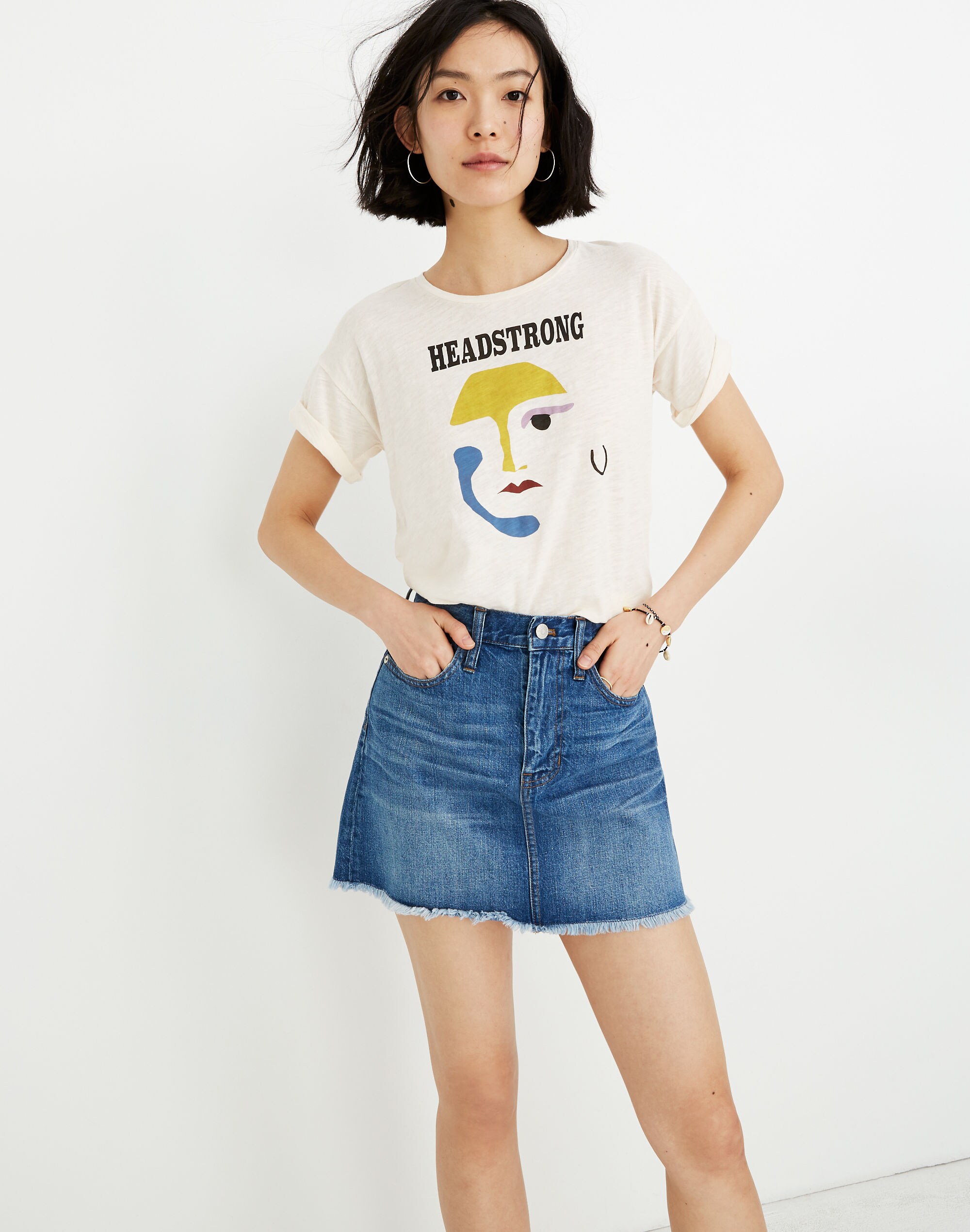 Rigid Denim A-Line Mini Skirt in Leandra Wash: Fluffy Hem Edition