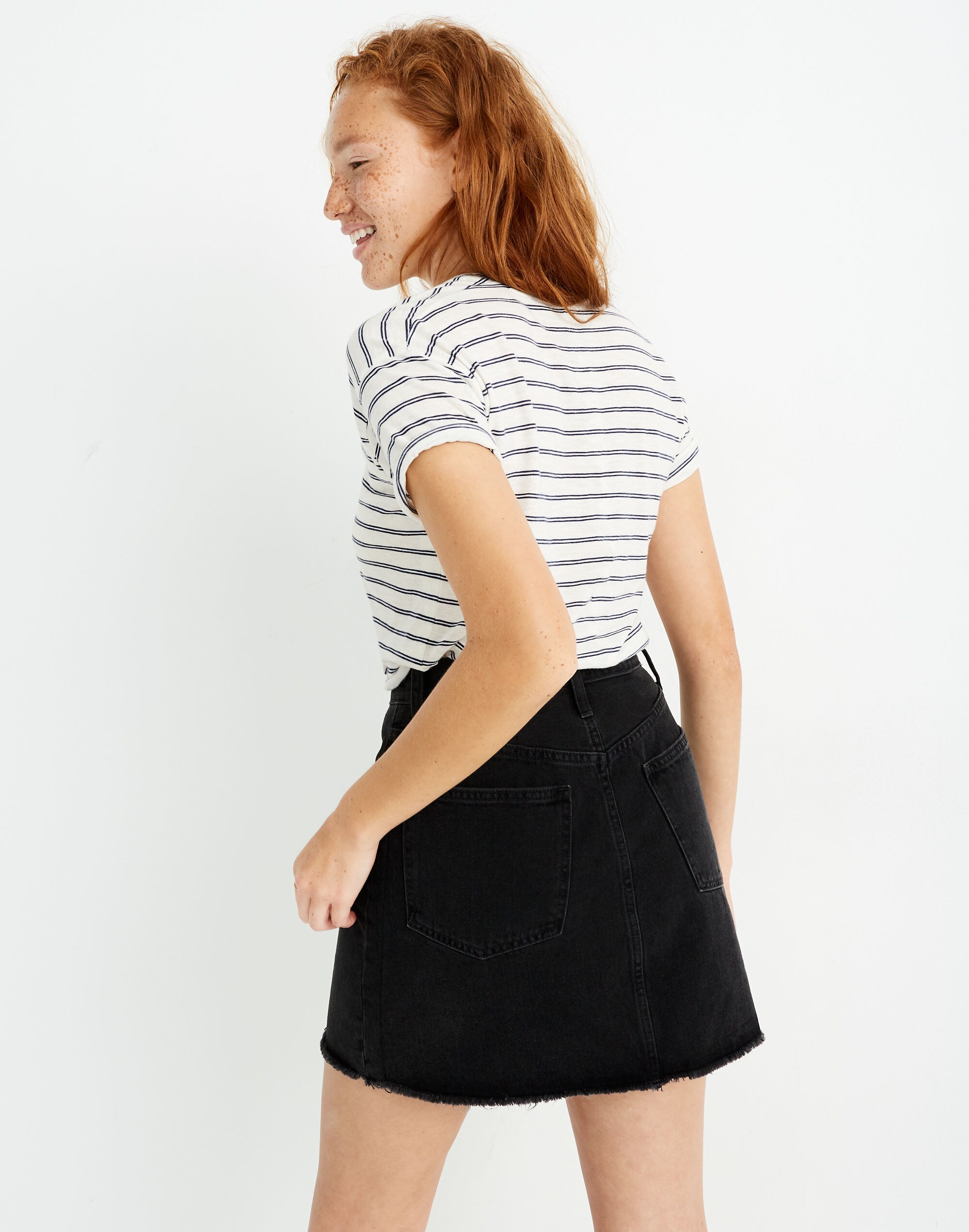 Rigid Denim A-Line Mini Skirt in Lunar Wash: Fluffy Hem Edition