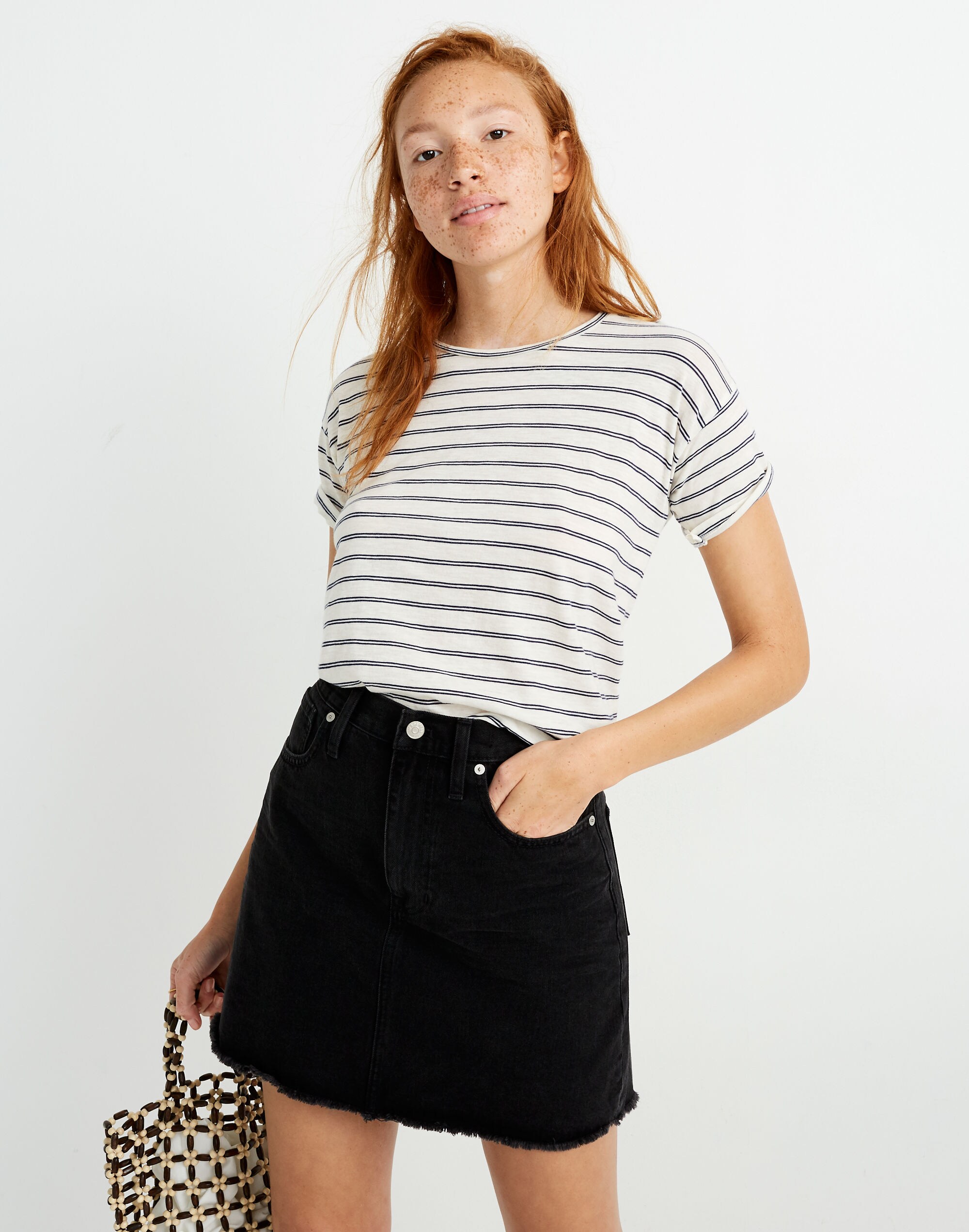 Rigid Denim A-Line Mini Skirt in Lunar Wash: Fluffy Hem Edition