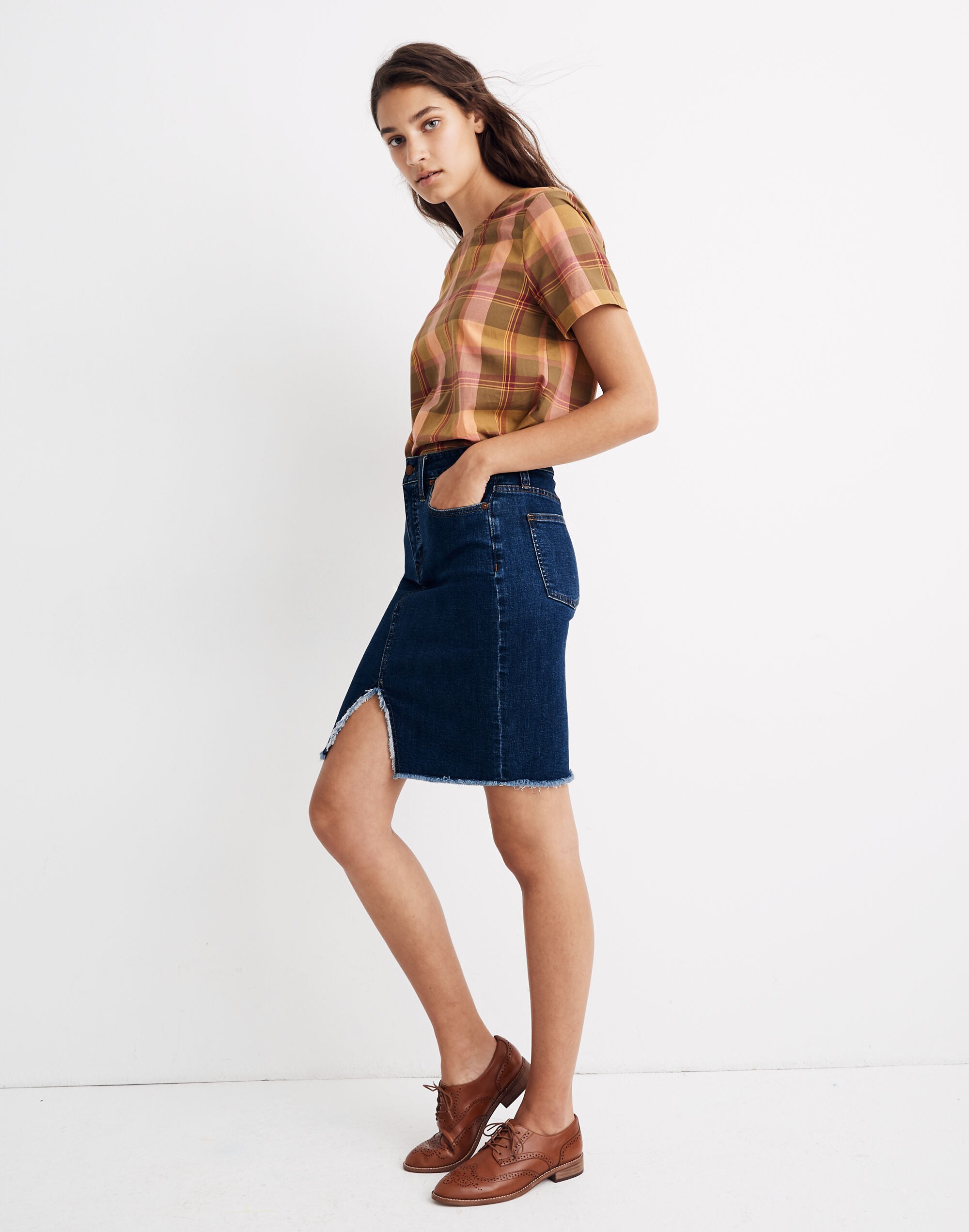 Stretch Denim Pegged Skirt in Bellhaven Wash Cutout Edition