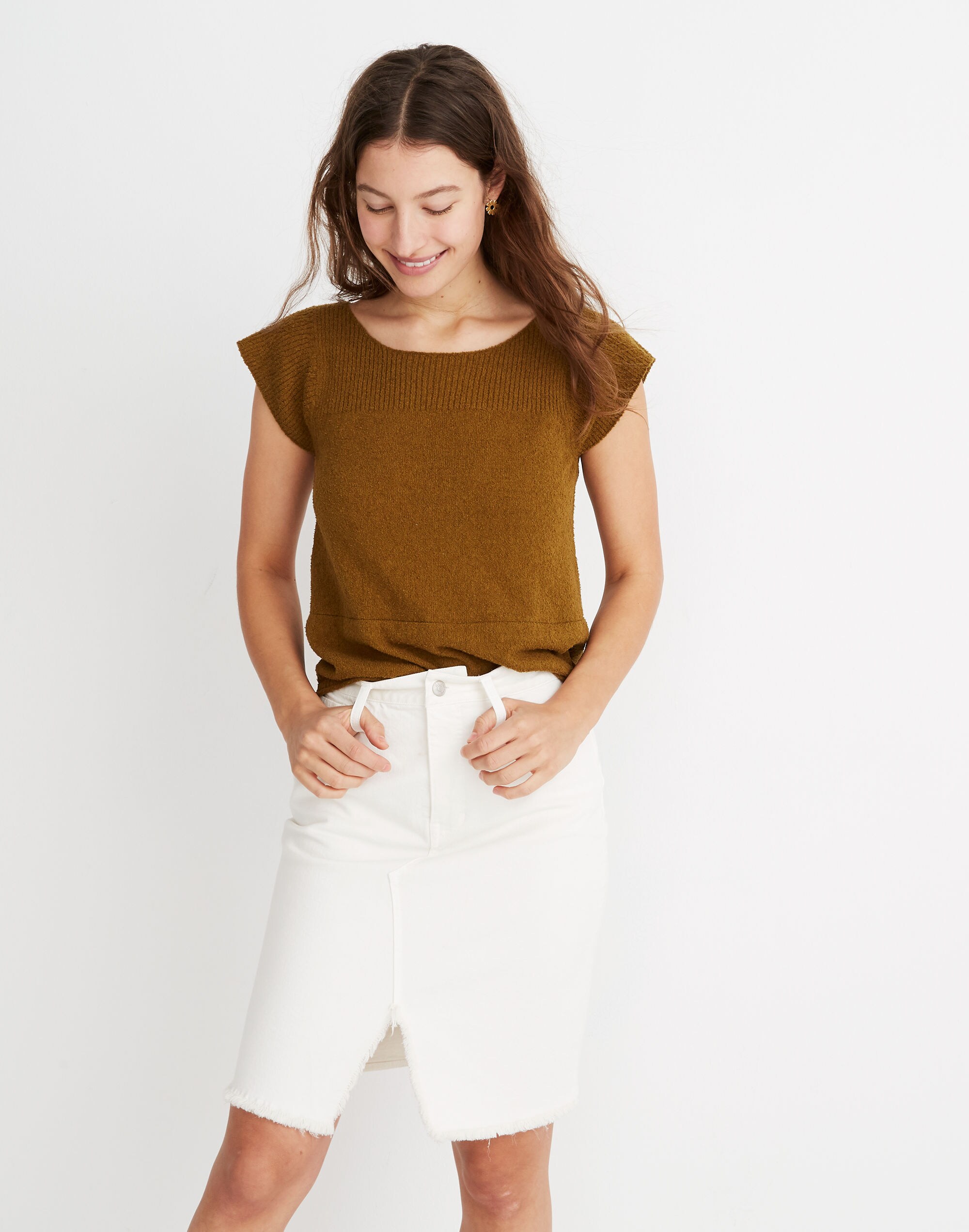 Stretch Denim Pegged Skirt in Tile White: Cutout Edition