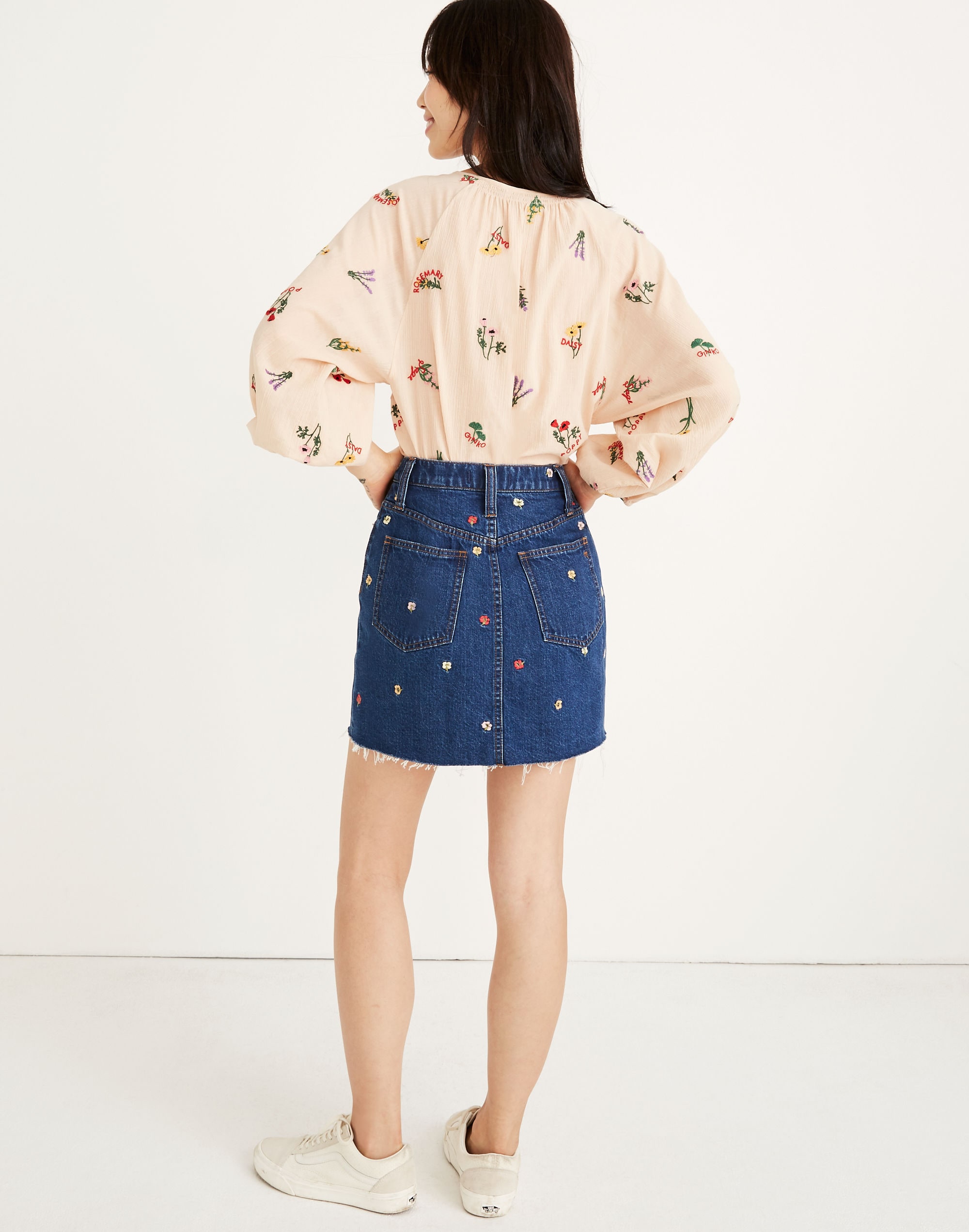 Rigid Denim A-Line Mini Skirt: Confetti Floral Embroidered Edition