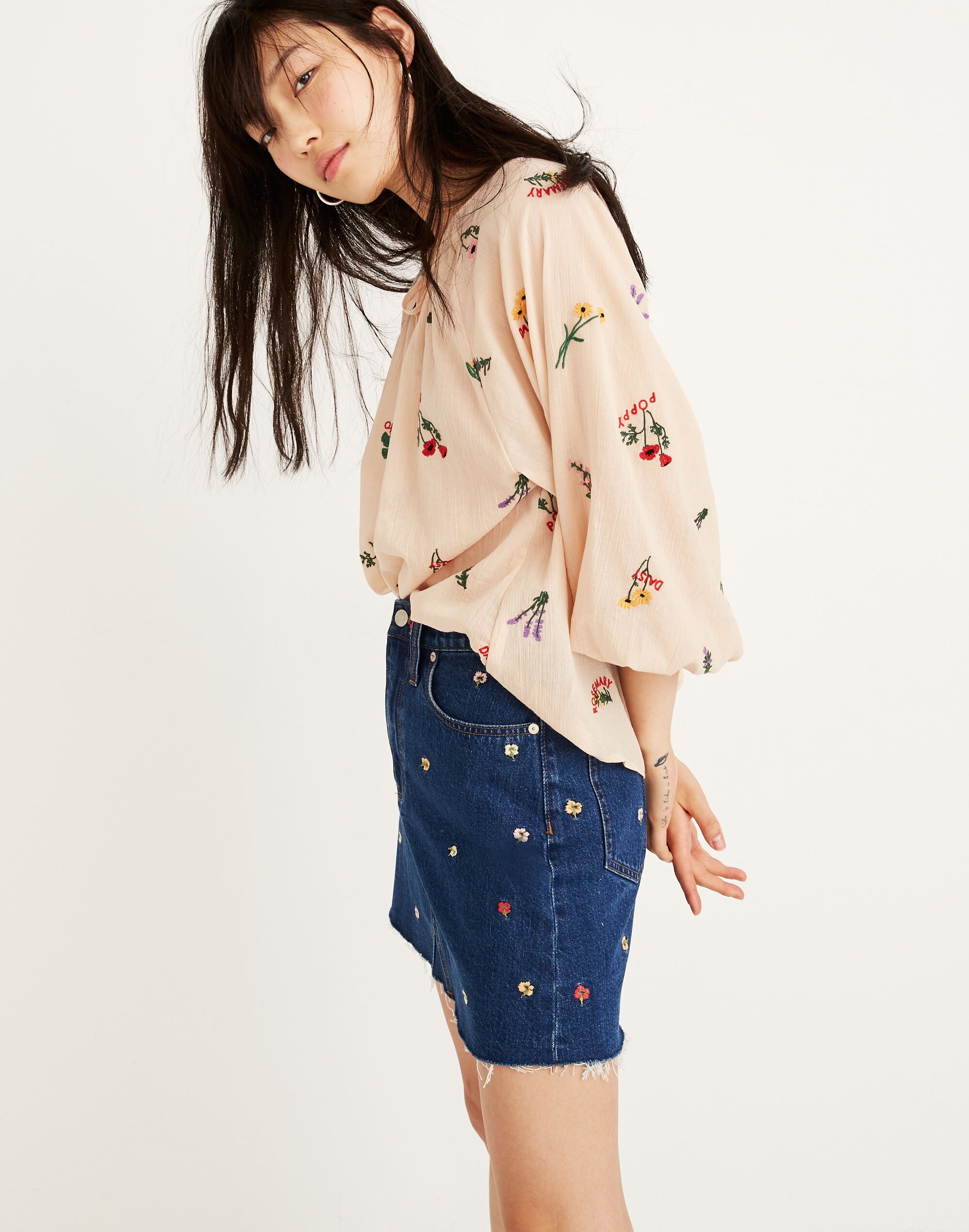 Rigid Denim A-Line Mini Skirt: Confetti Floral Embroidered Edition