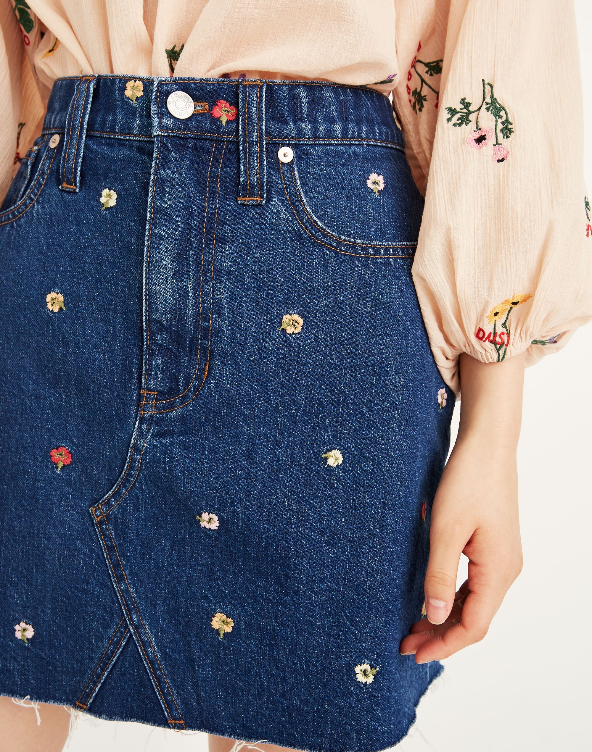 Rigid Denim A-Line Mini Skirt: Confetti Floral Embroidered Edition